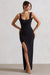Kate | Black Square Neck Maxi Dress with Plunge Back and Side Thigh Split - Club L 