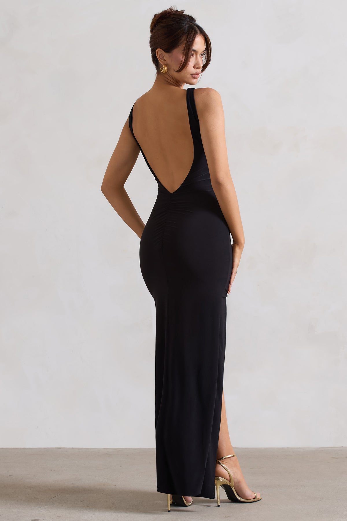 Kate | Black Square Neck Maxi Dress with Plunge Back and Side Thigh Split - Club L 