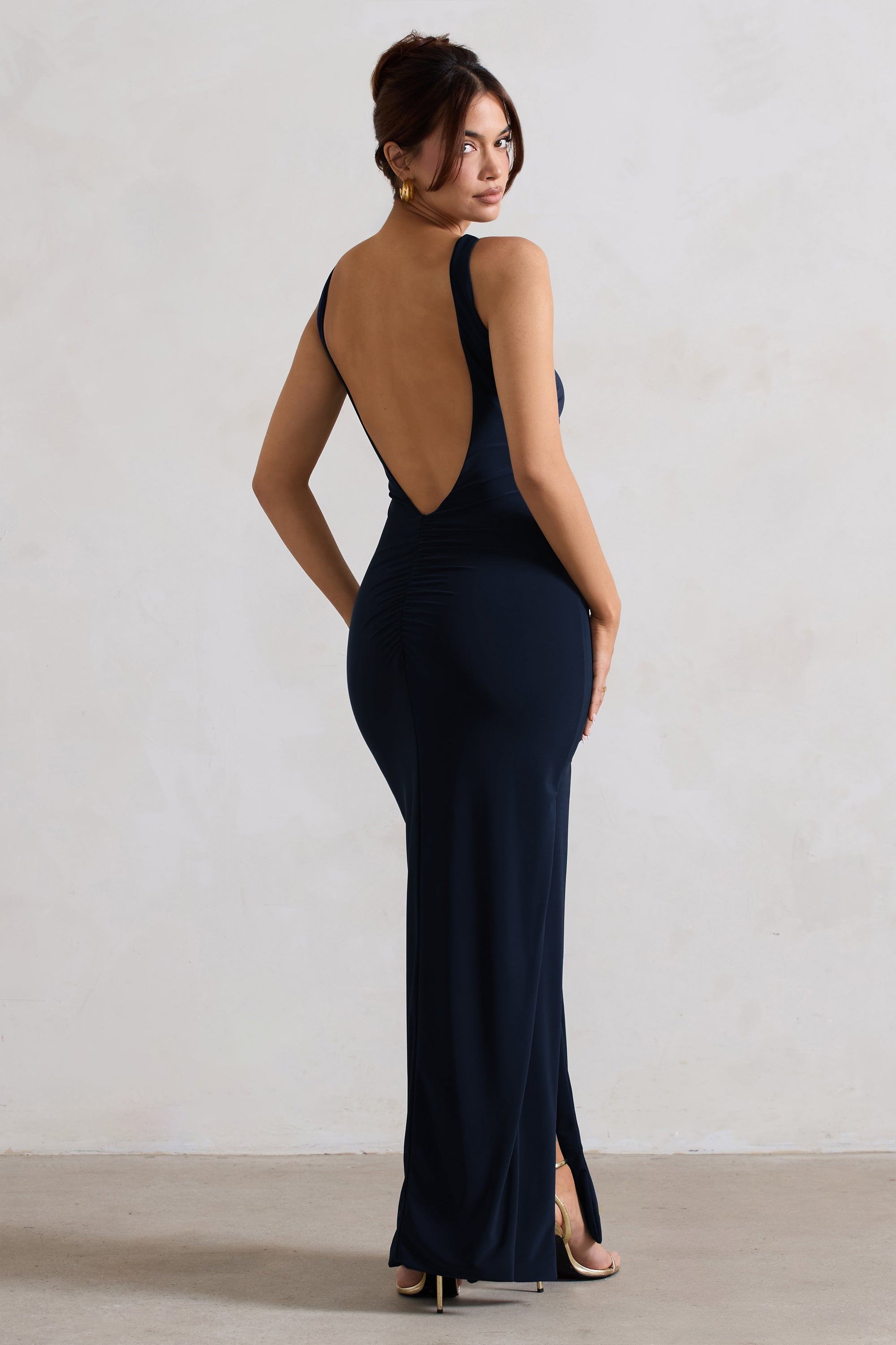 Kate | Navy Square Neck Maxi Dress with Plunge Back and Side Thigh Split - Club L 
