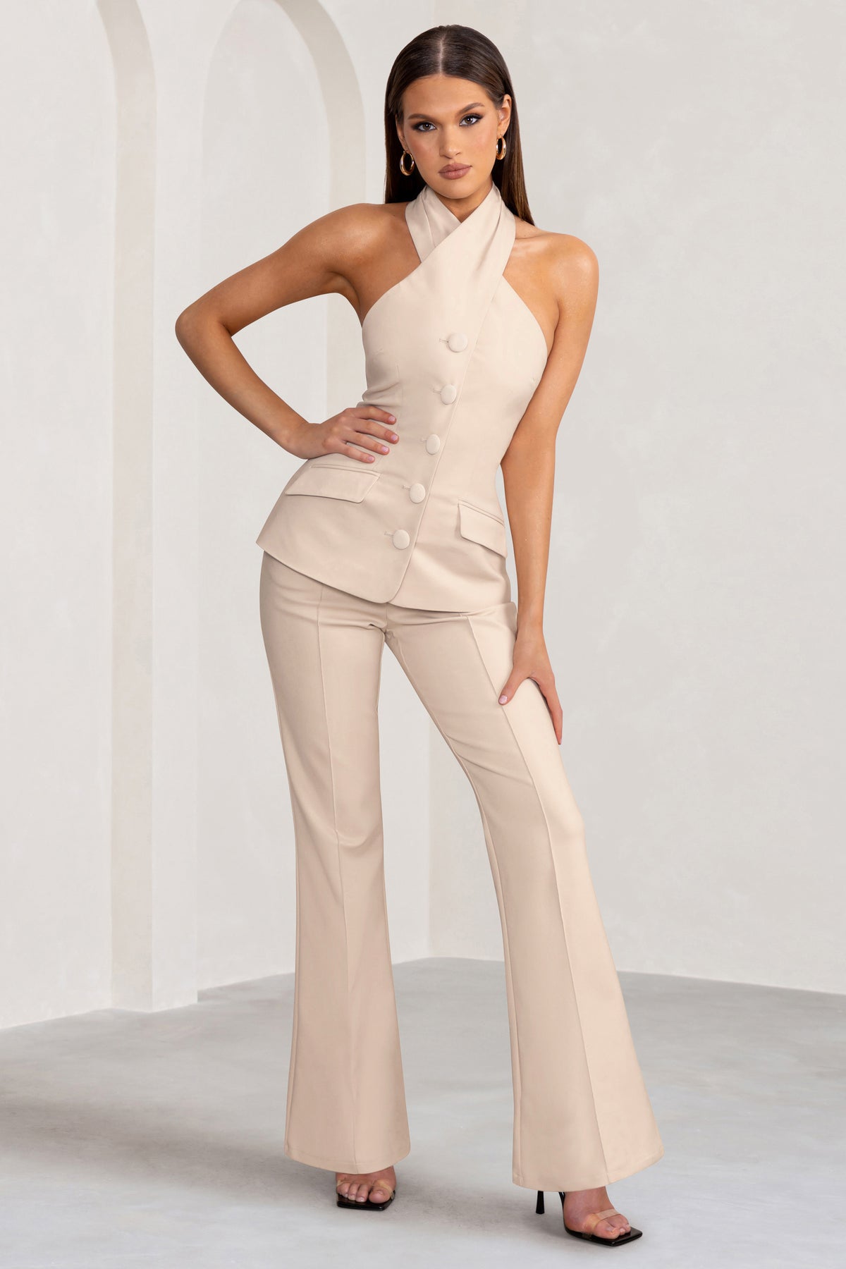 Kehlani | Stone High Waist Wide Leg Trousers - Club L 