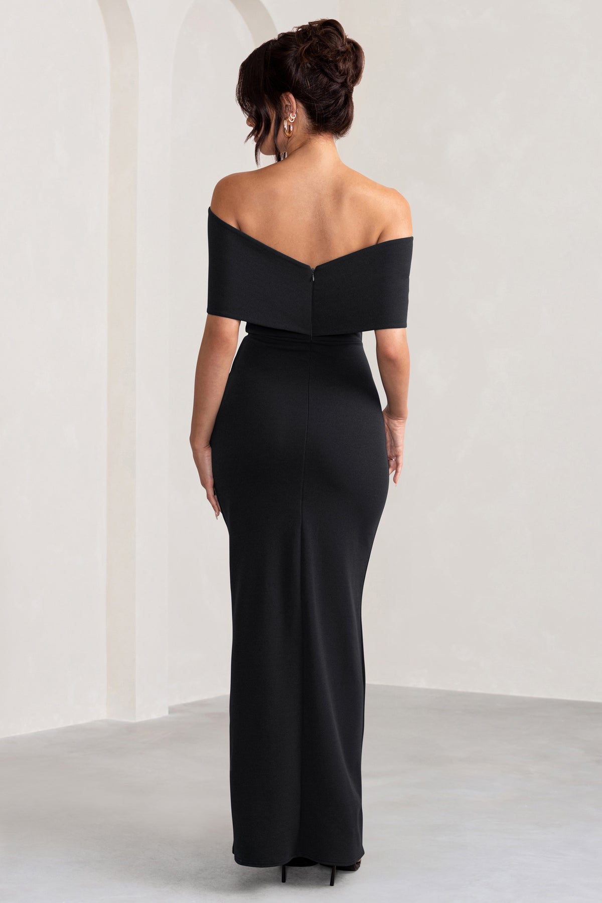 Eva Black Bardot Bow Detail Maxi Dress With Thigh Split Club L London - UK Eva Black Bardot Bow Detail Maxi Dress With Thigh Split Club L London - UK
