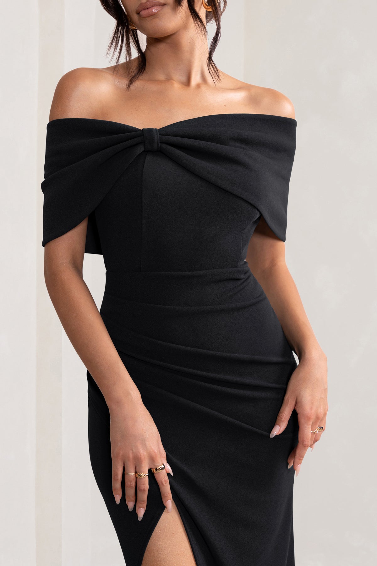 Eva Black Bardot Bow Detail Maxi Dress With Thigh Split Club L London - UK Eva Black Bardot Bow Detail Maxi Dress With Thigh Split Club L London - UK
