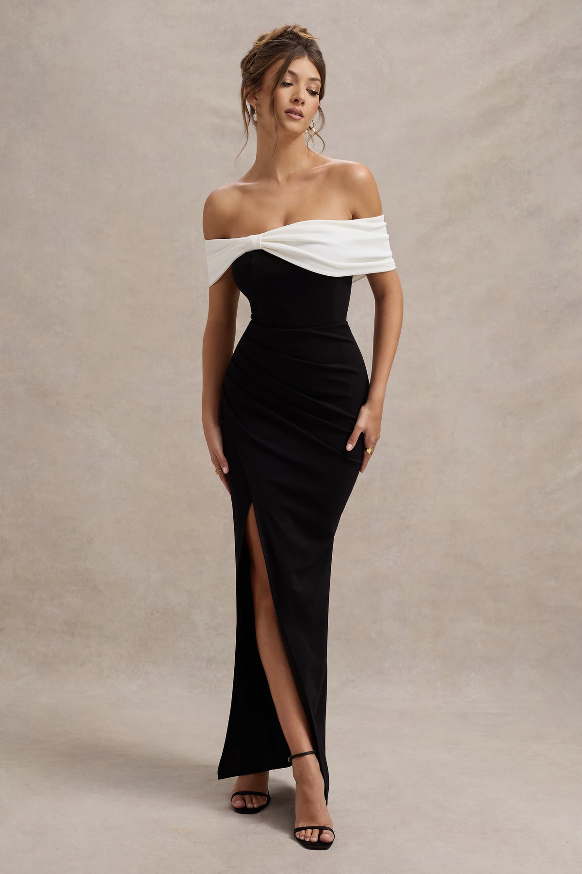 Eva & White Bardot Bow Detail Maxi Dress Thigh Split