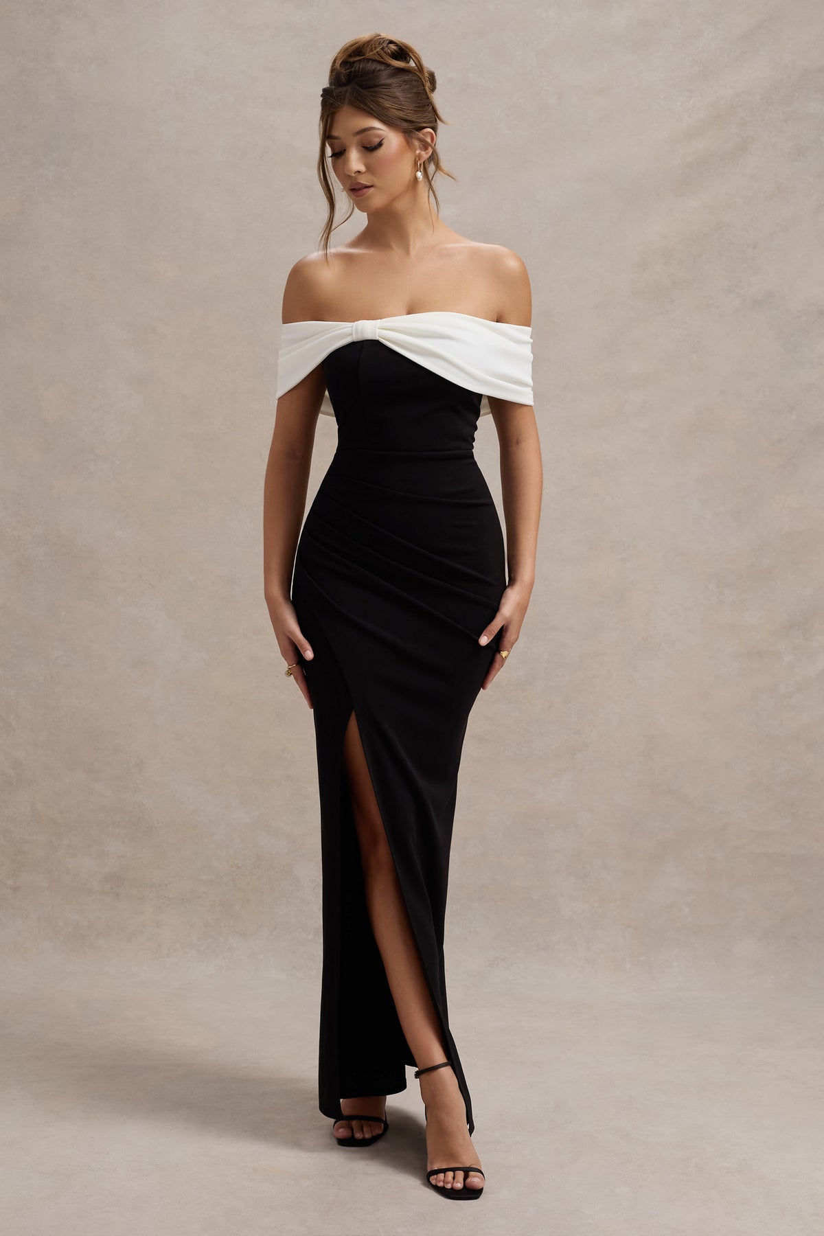 Eva Black & White Bardot Bow Detail Maxi Dress With Thigh Split Club L London - UK Eva Black & White Bardot Bow Detail Maxi Dress With Thigh Split Club L London - UK