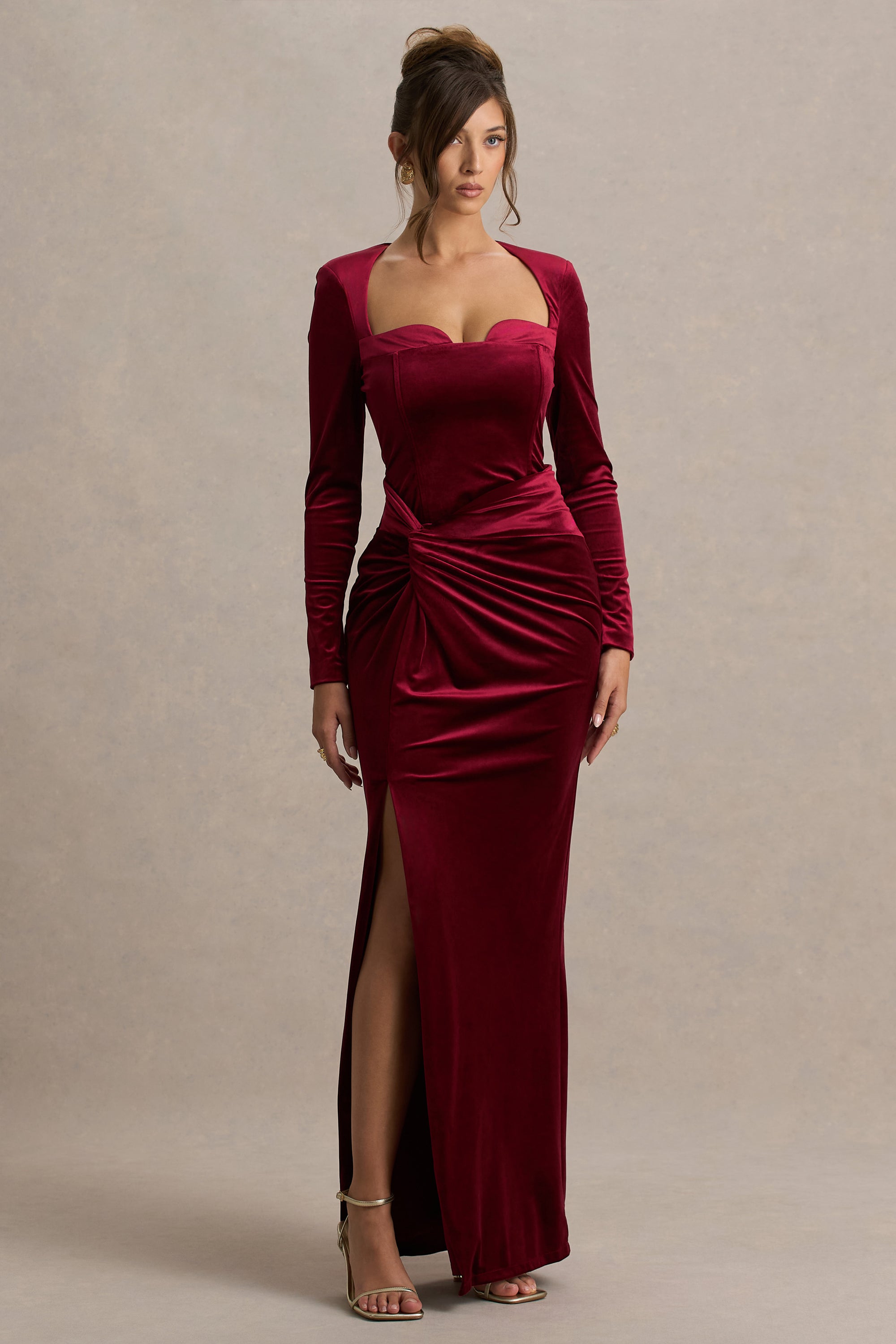 Fay | Berry Velvet Corset Style Knot Maxi Dress – Club L London