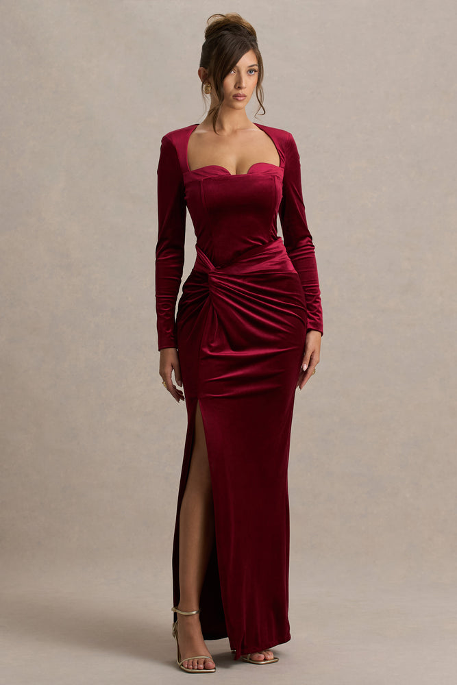 Fay Berry Velvet Corset Style Knot Maxi Dress – Club L London