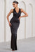 Emery | Black Satin Plunge Neck Strappy Back Maxi Dress - Club L 