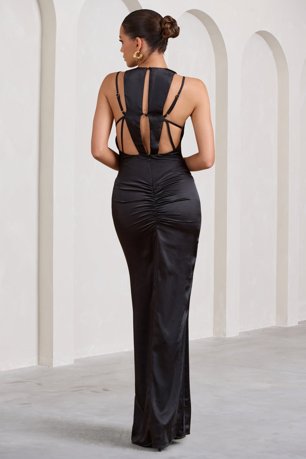 Emery | Black Satin Plunge Neck Strappy Back Maxi Dress - Club L 