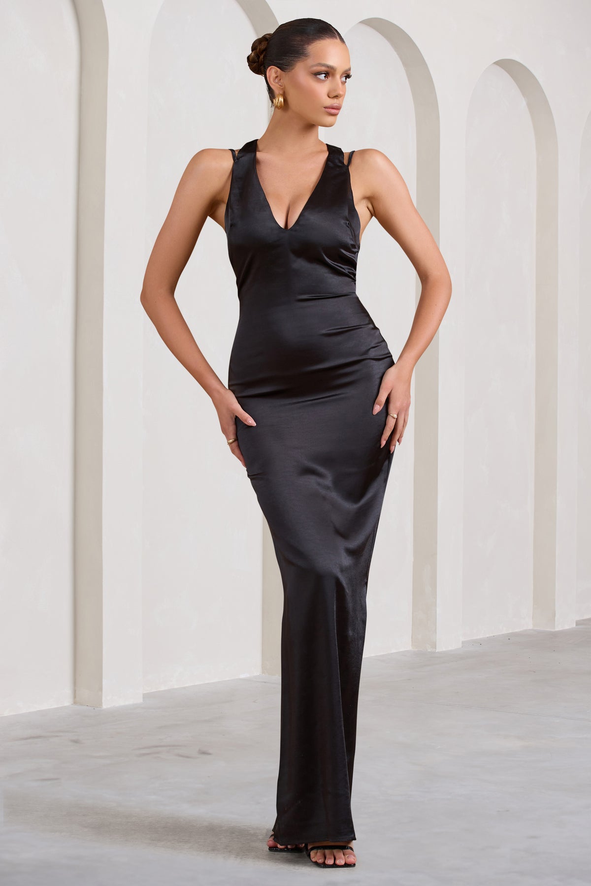 Emery | Black Satin Plunge Neck Strappy Back Maxi Dress - Club L 