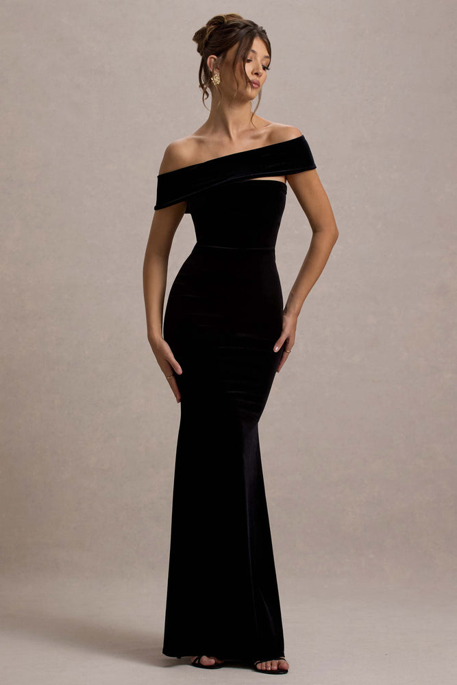 Candela Velvet Asymmetric Bardot Maxi Dress