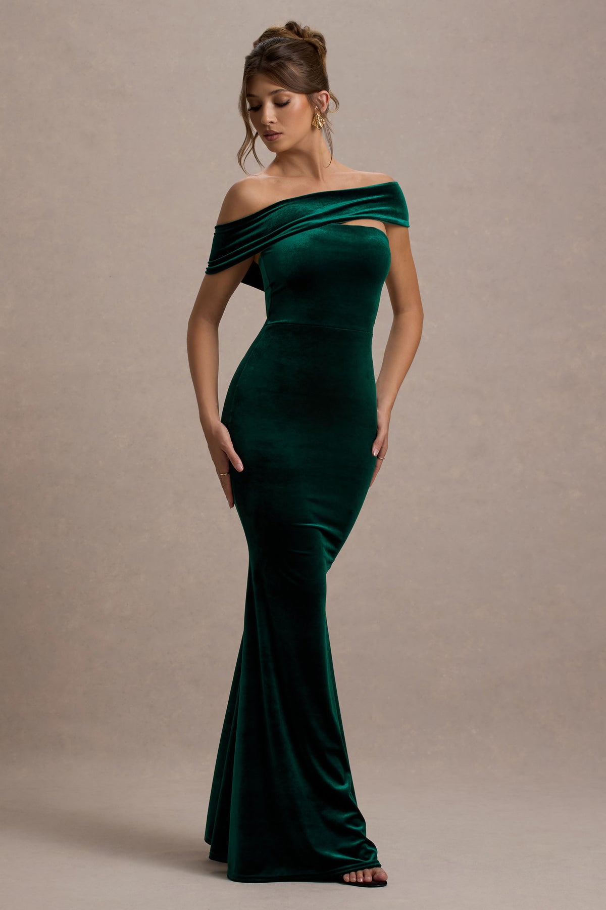 Candela Bottle Green Velvet Asymmetric Bardot Maxi Dress Club L London - UK Candela Bottle Green Velvet Asymmetric Bardot Maxi Dress Club L London - UK