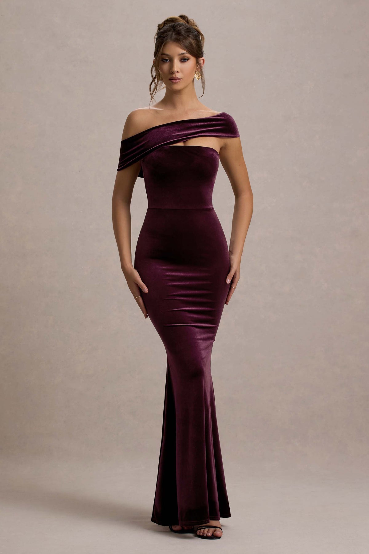 Candela Port Velvet Asymmetric Bardot Maxi Dress