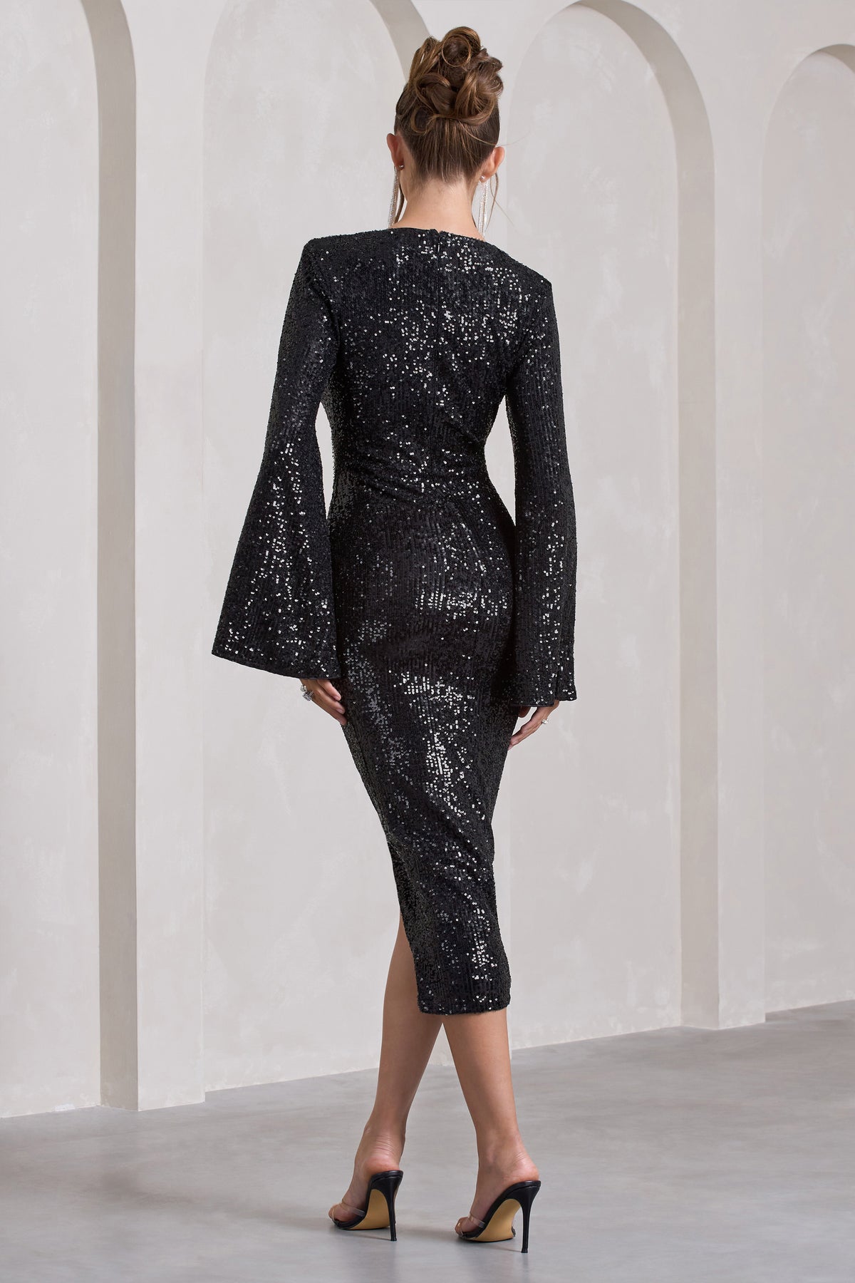 Amber | Black Sequin Plunge Wrap Midi Dress - Club L 