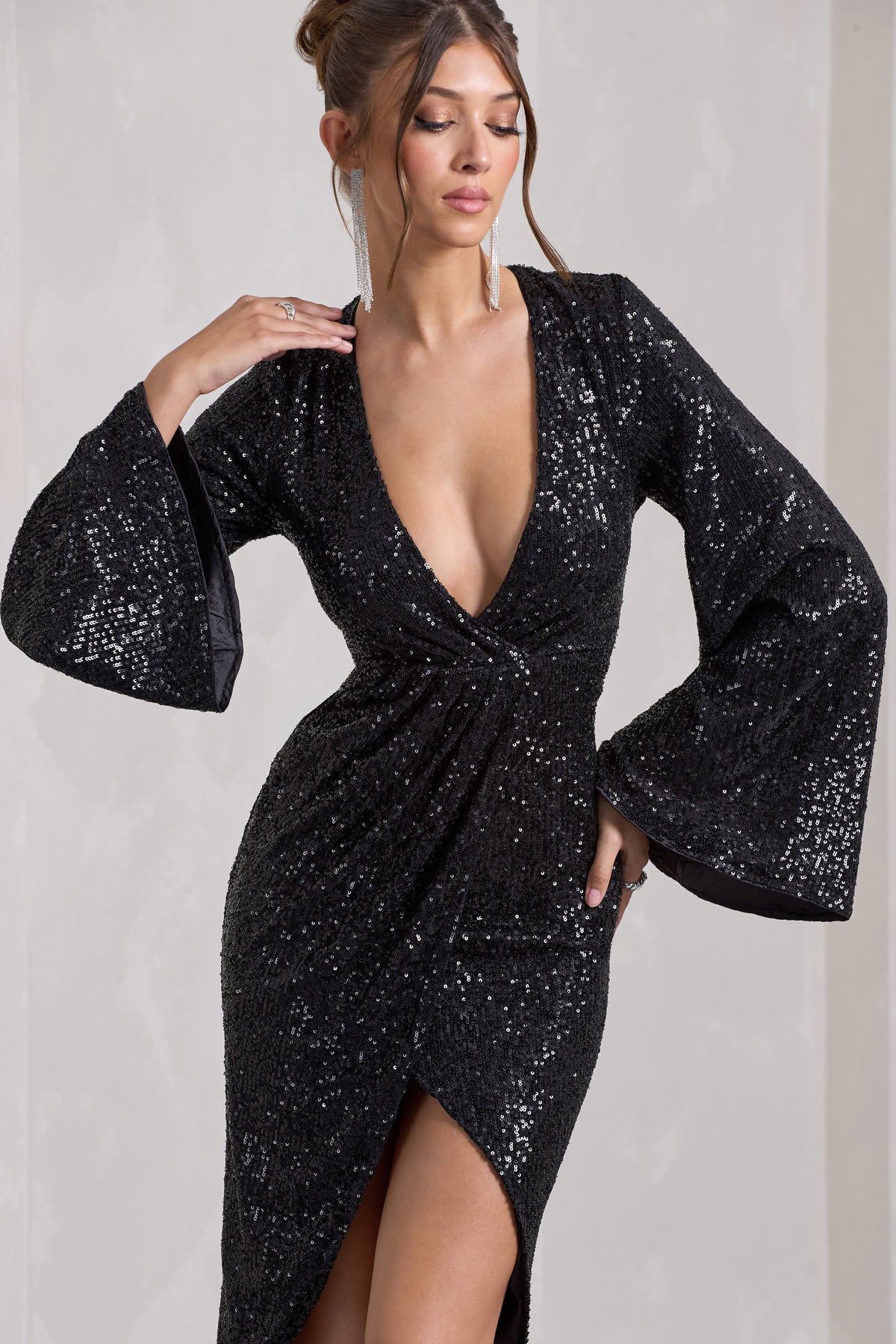 Amber | Black Sequin Plunge Wrap Midi Dress - Club L 