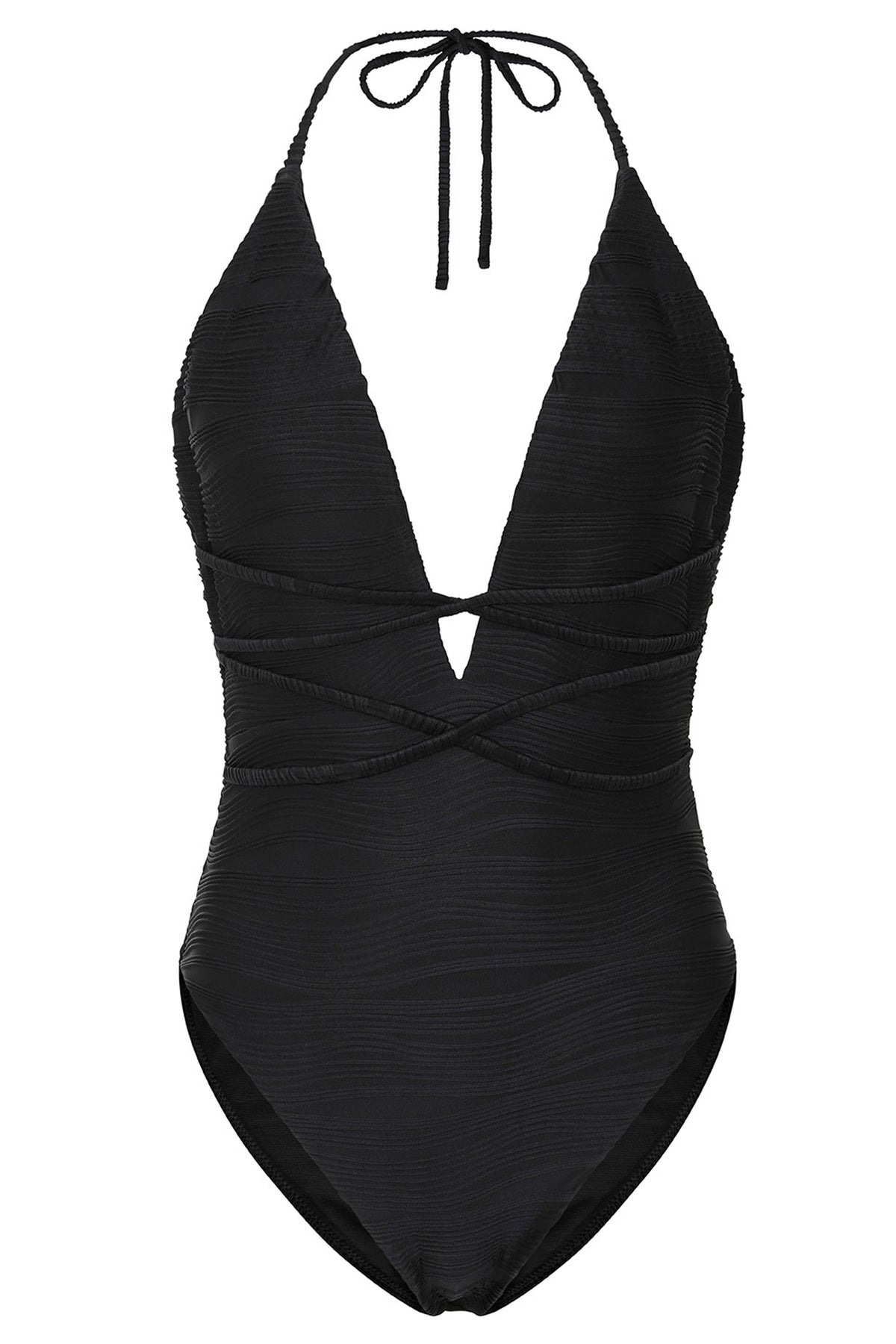 Shipwrecked Black Textured Plunging Swimsuit – Club L London - UK