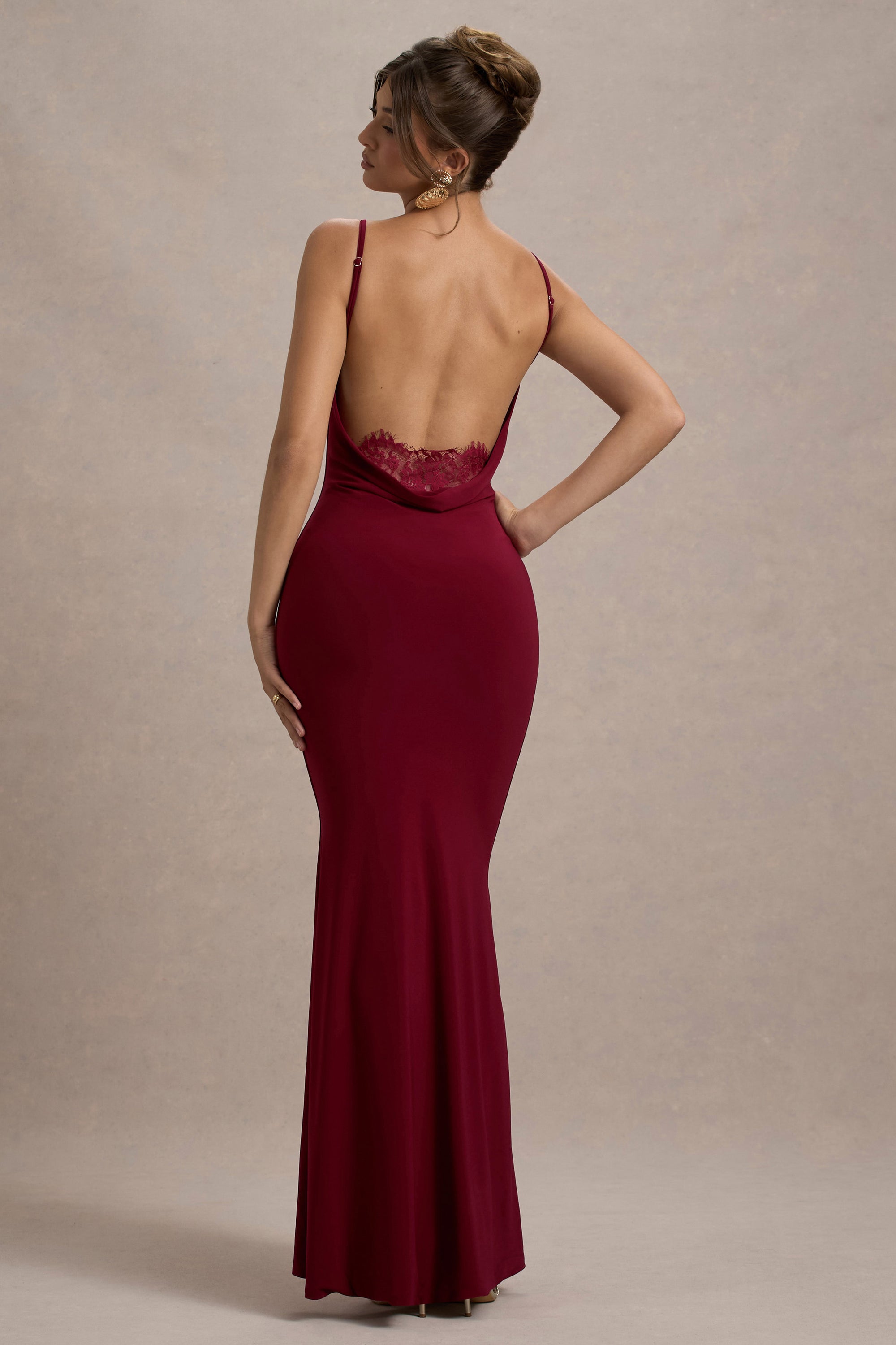 Francoise | Berry Cowl Neck Backless Maxi Dress With Lace Insert – Club L London