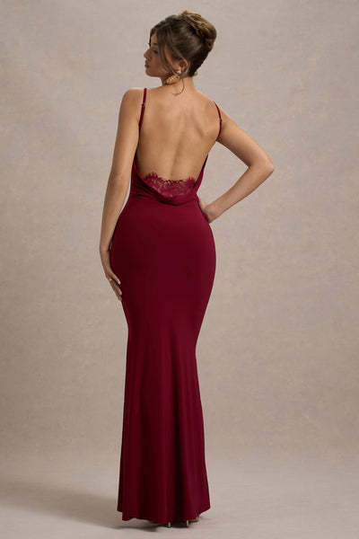 Francoise Berry Cowl Neck Backless Maxi Dress With Lace Insert – Club L  London