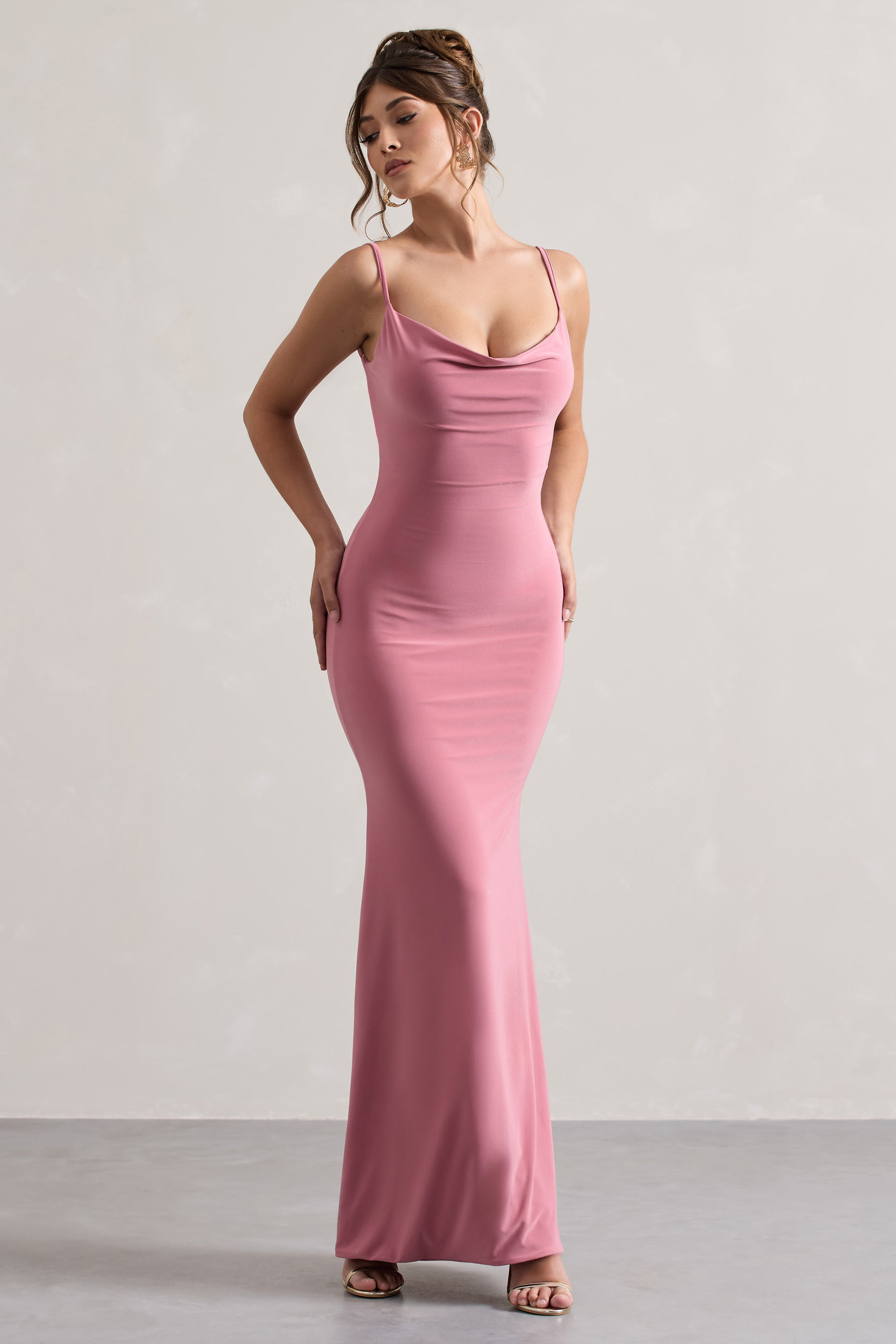Francoise | Blush Cowl Neck Backless Maxi Dress With Lace Insert - Club L 