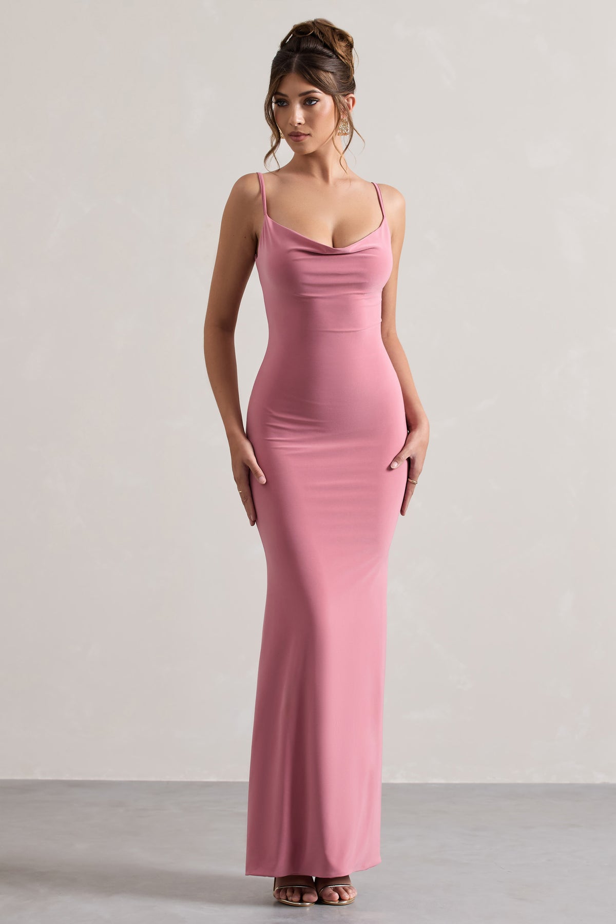 Francoise | Blush Cowl Neck Backless Maxi Dress With Lace Insert - Club L 