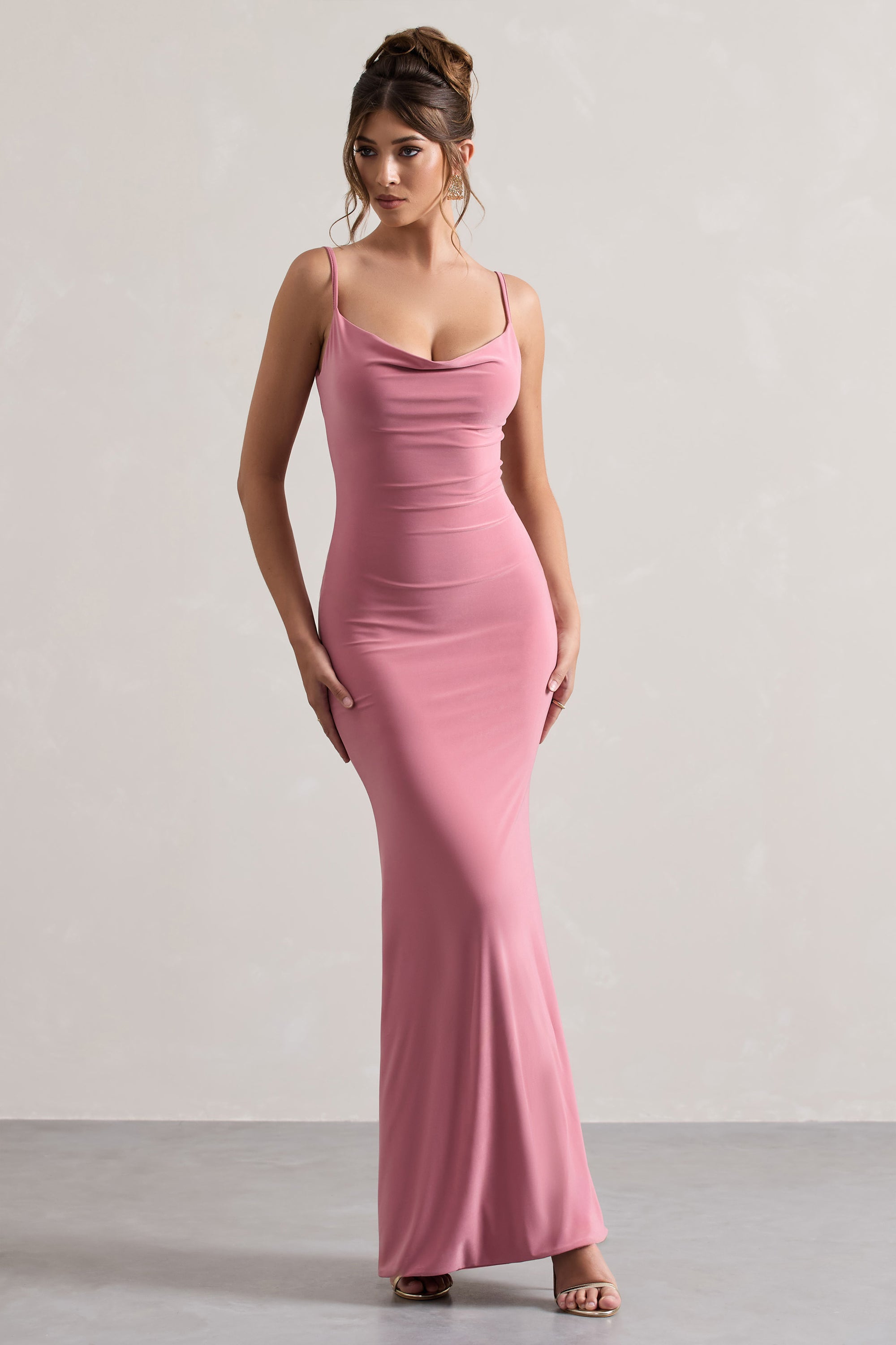 Francoise | Blush Cowl Neck Backless Maxi Dress With Lace Insert - Club L 