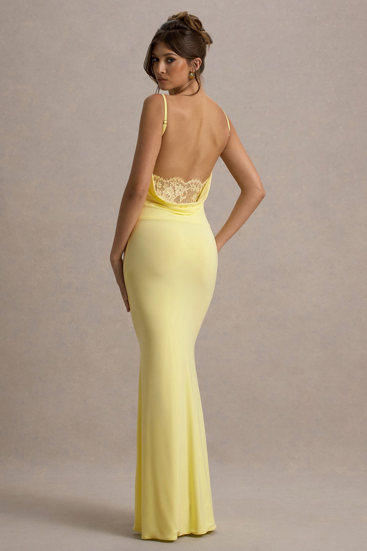 Francoise Lemon Cowl Neck Backless Maxi Dress With Lace Insert Club L London - UK Francoise Lemon Cowl Neck Backless Maxi Dress With Lace Insert Club L London - UK