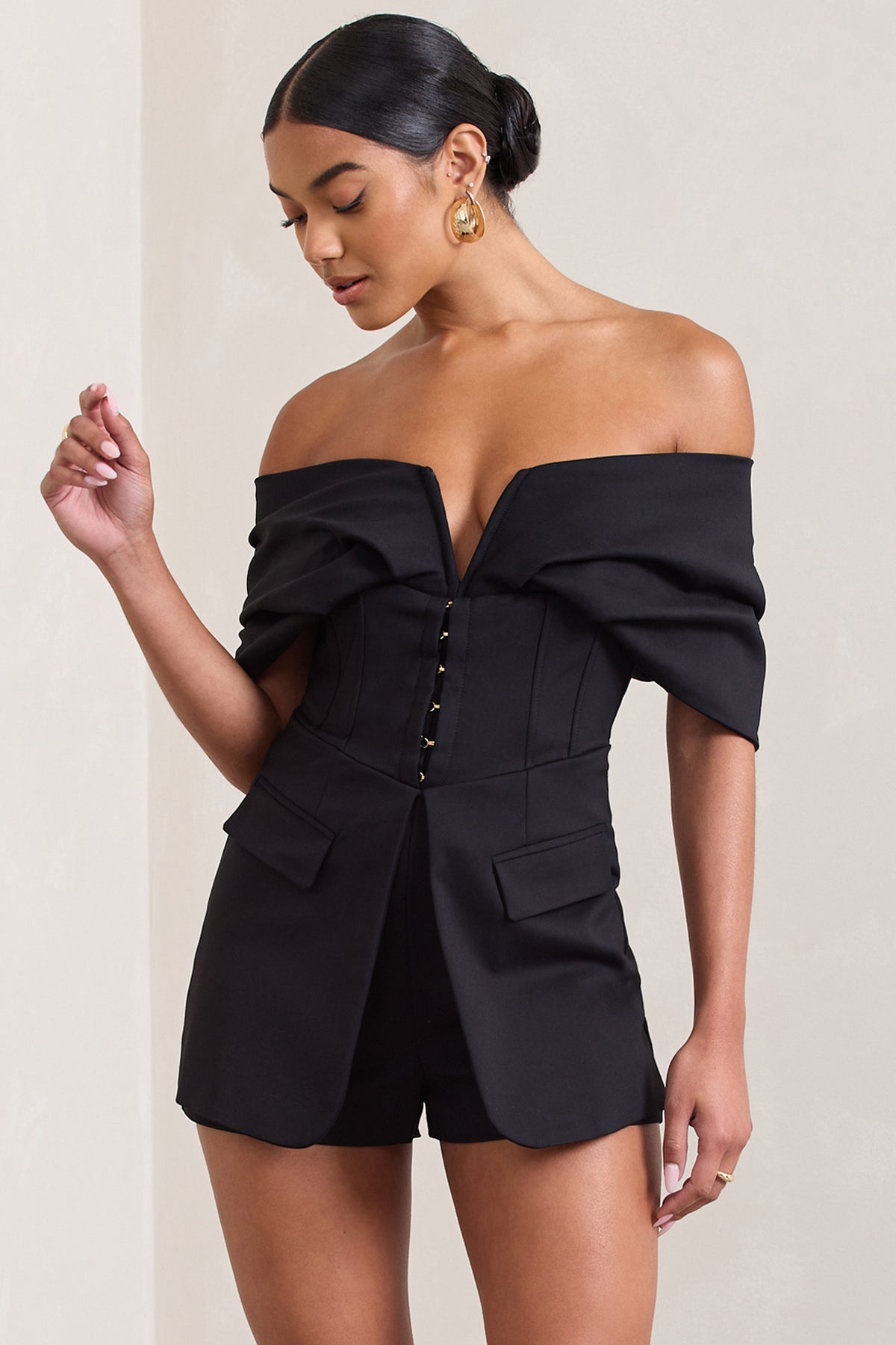 Damsel | Black Cotton-Blend Corset Bardot Playsuit - Club L 