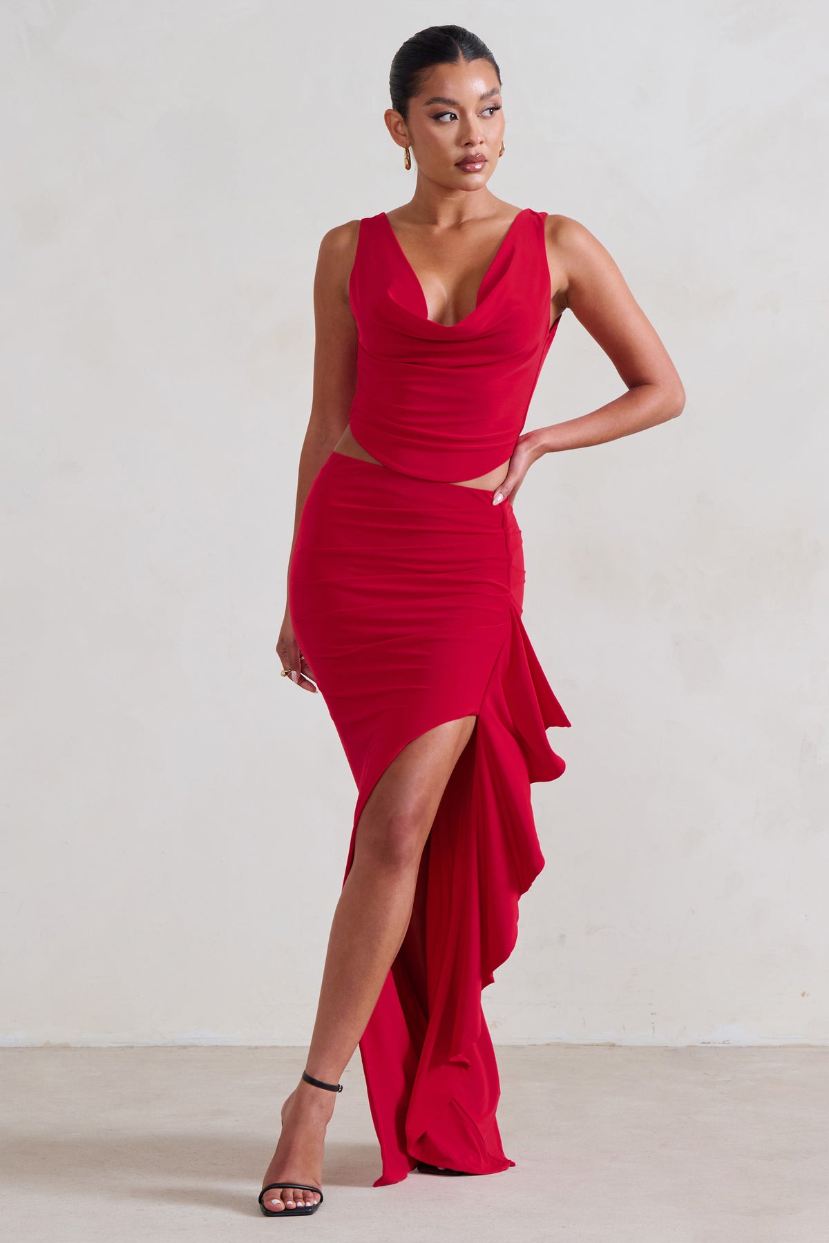 La Belle | Red Ruffle Maxi Skirt With Thigh Split - Club L 