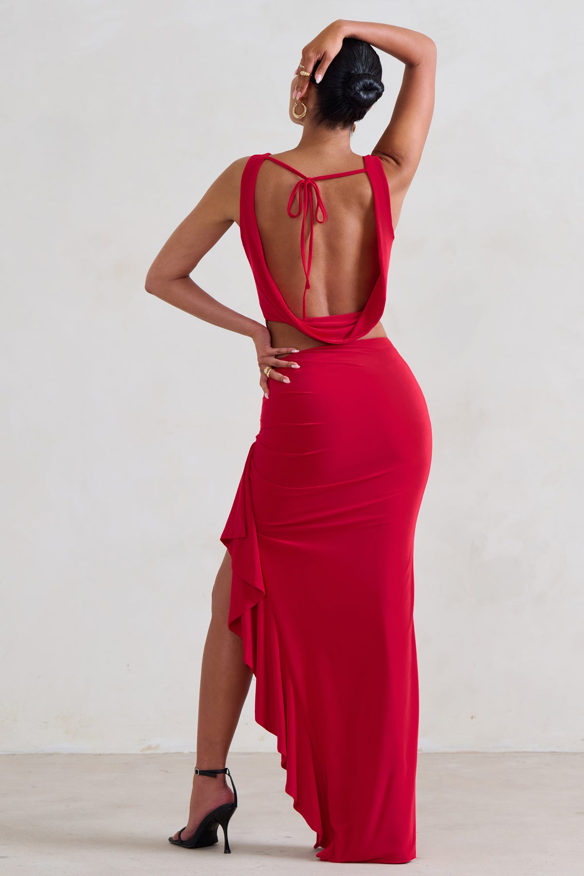 La Belle | Red Ruffle Maxi Skirt With Thigh Split - Club L 