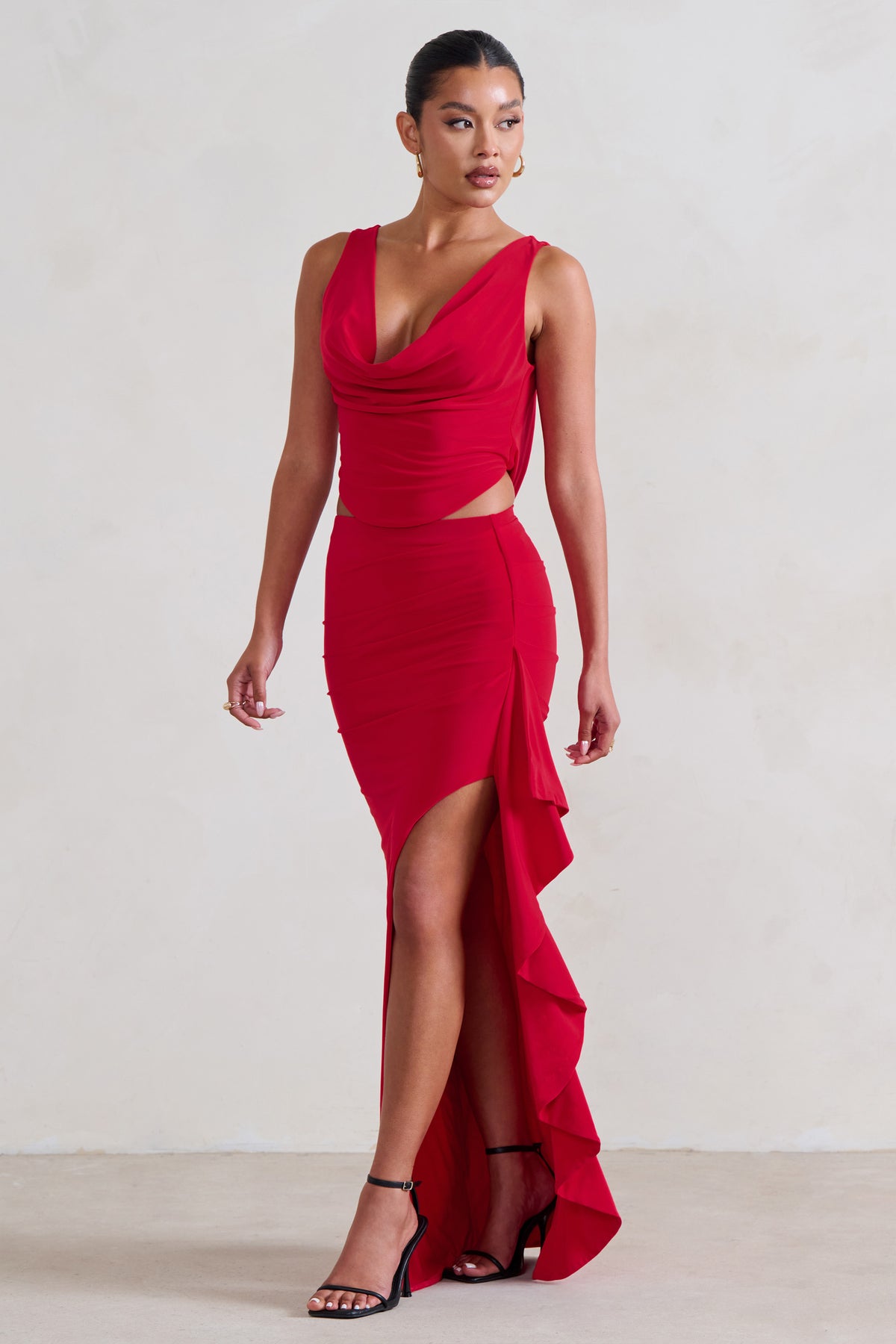 La Belle | Red Ruffle Maxi Skirt With Thigh Split - Club L 