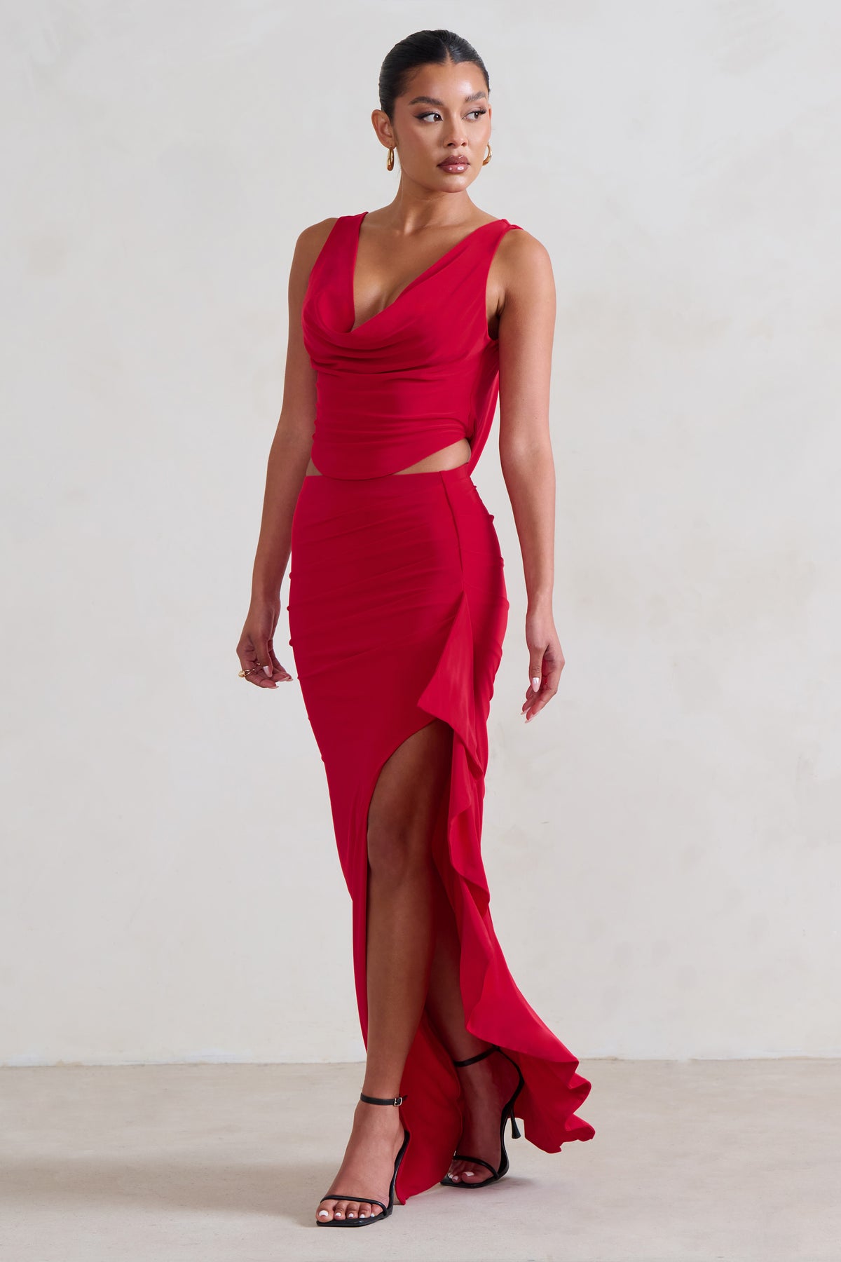 La Belle | Red Ruffle Maxi Skirt With Thigh Split - Club L 