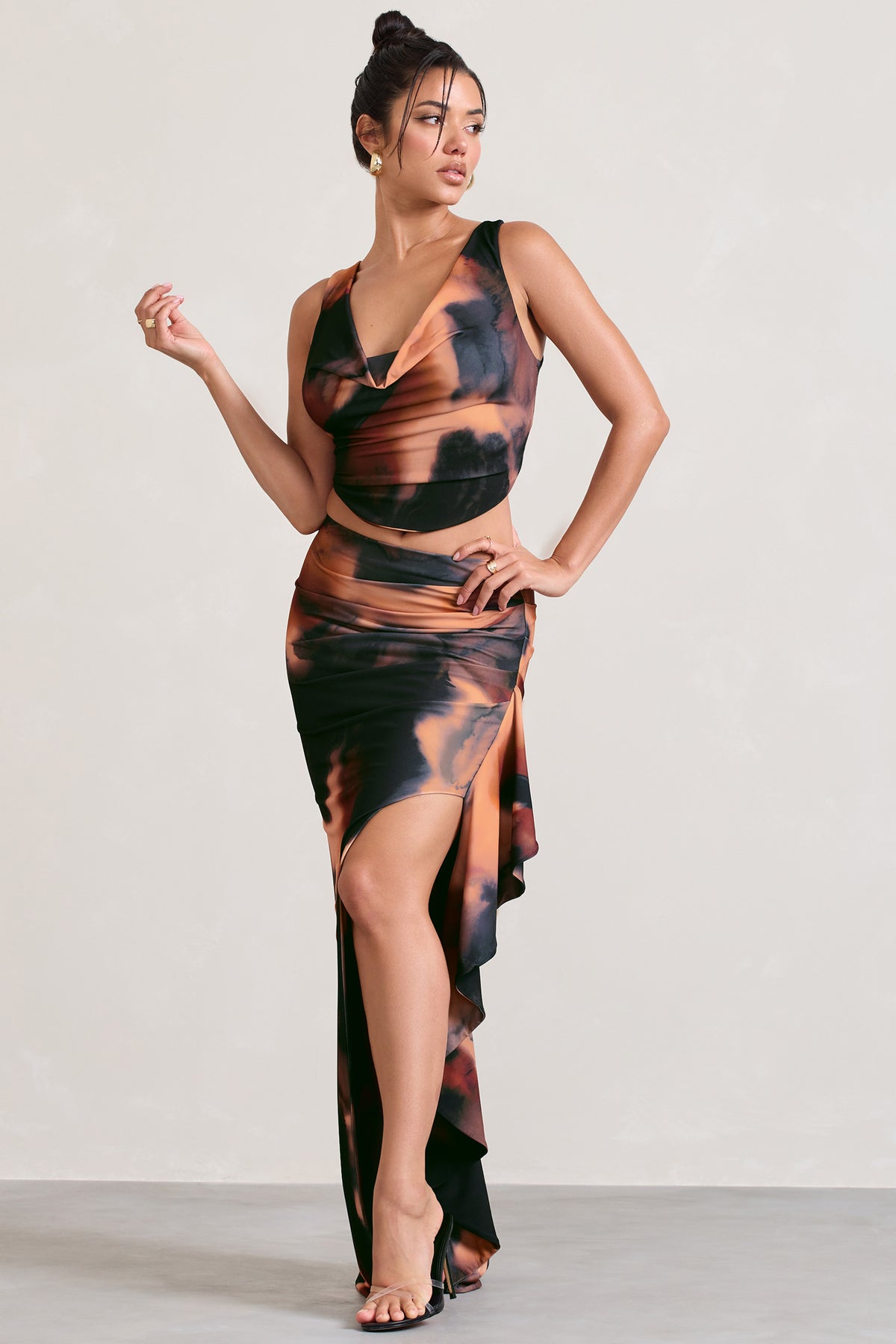 WB_CL128620158-FemmeClassiqueOrangeSmokePrintCowlCorsetCropTop_CL128621158-LaBelleOrangeSmokePrintRuffleMaxiSkirtWithThighSplit2