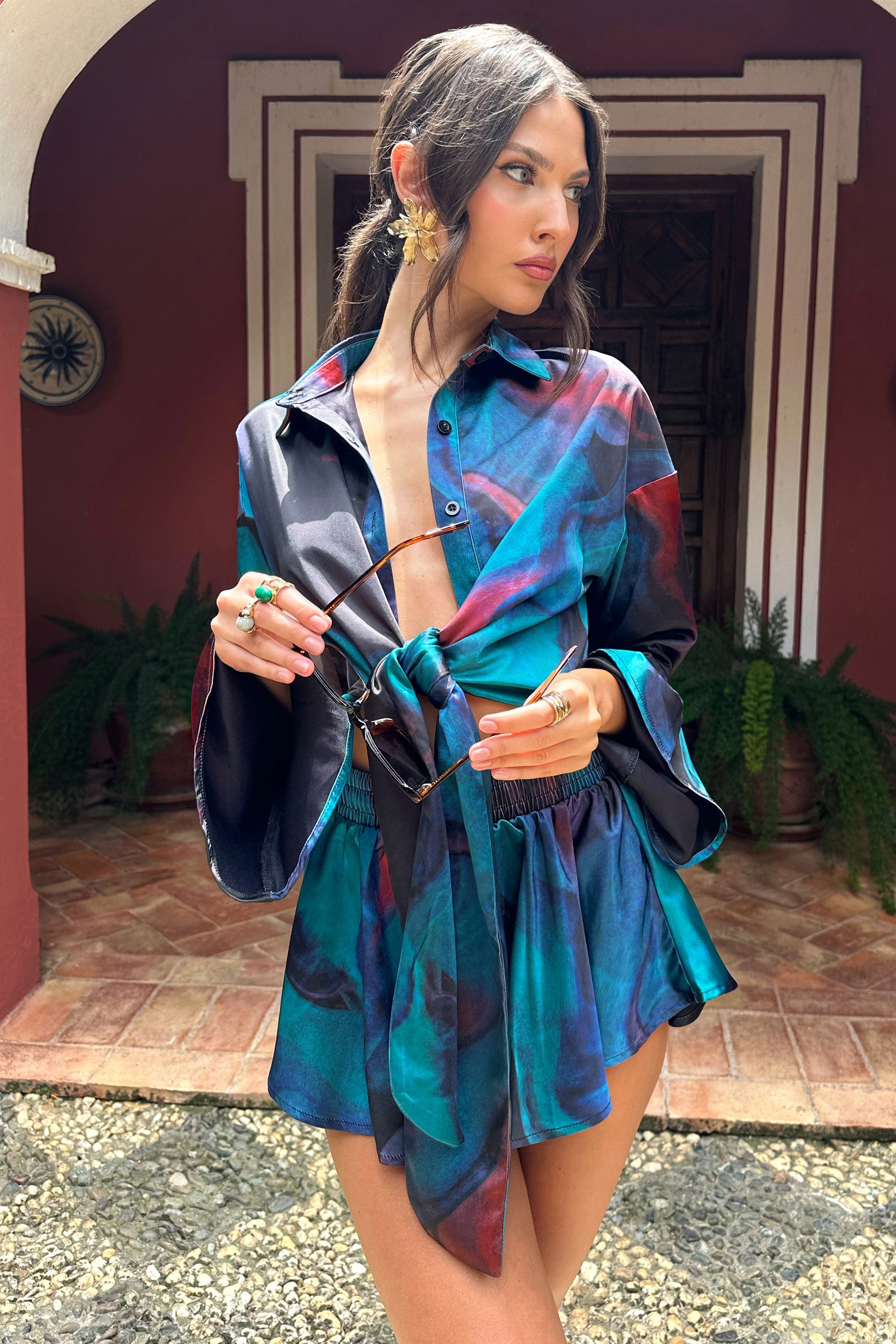 Marisela | Blue Print Satin Flared Sleeve Cropped  Shirt - Club L 