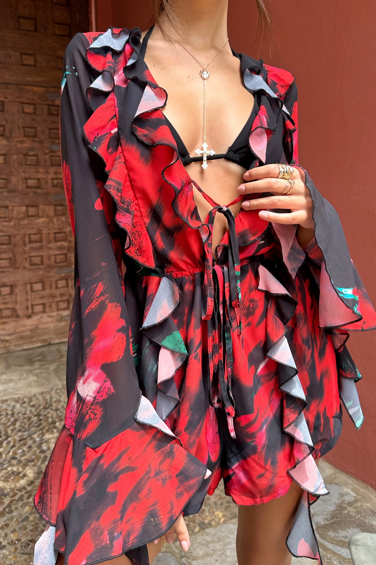 Sauvage | Red & Black Floral Print Chiffon Ruffle Long Sleeve Playsuit - Club L 