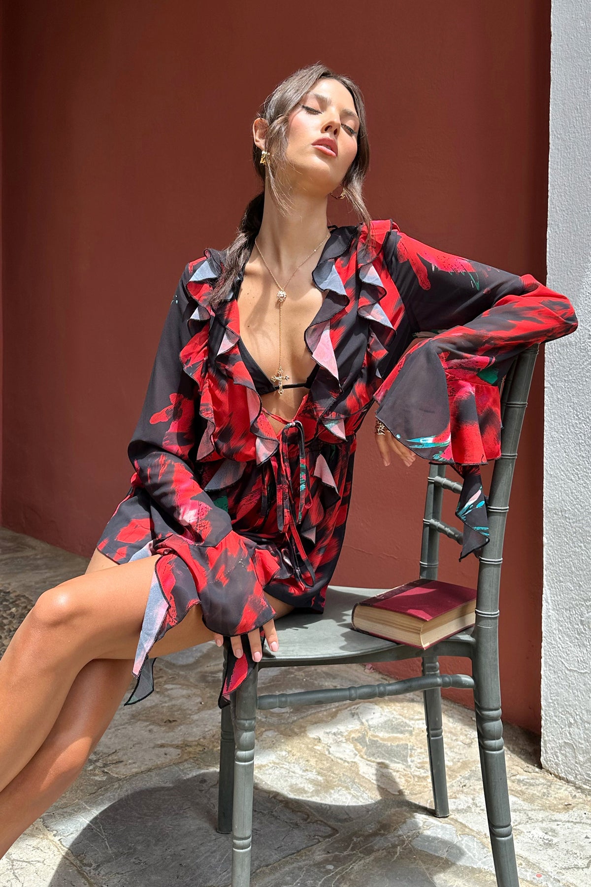 Sauvage | Red & Black Floral Print Chiffon Ruffle Long Sleeve Playsuit - Club L 