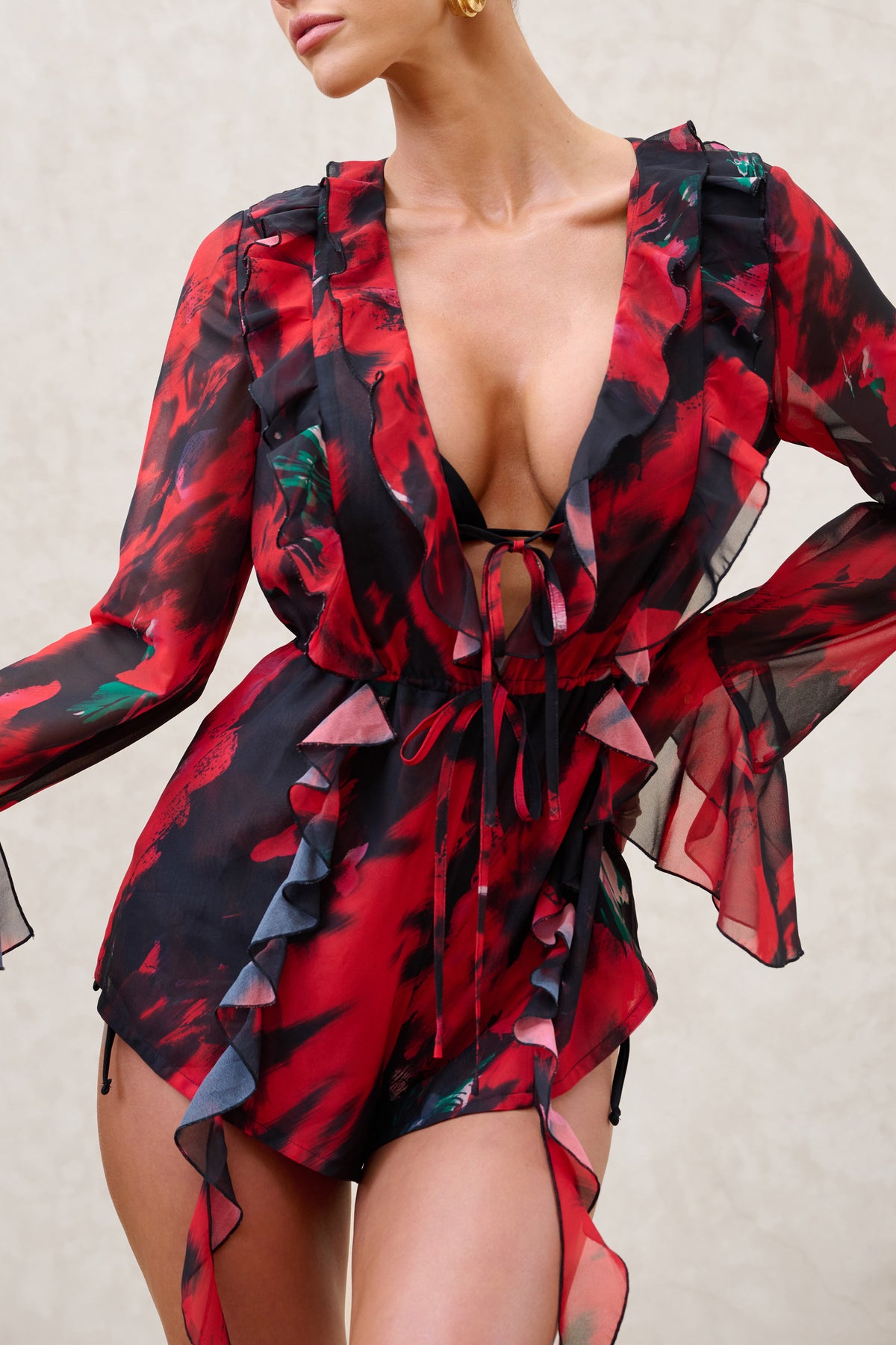 Sauvage | Red & Black Floral Print Chiffon Ruffle Long Sleeve Playsuit - Club L 