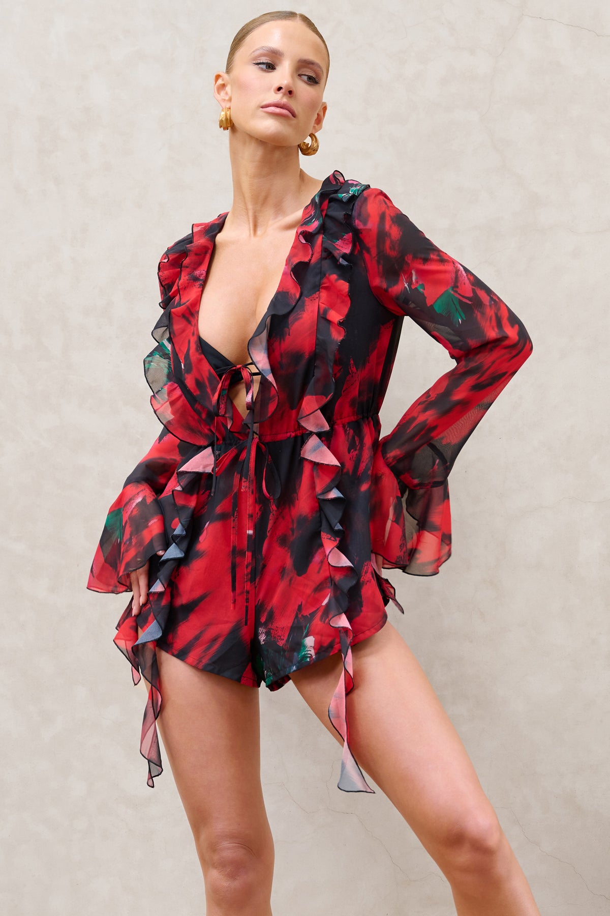 Sauvage | Red & Black Floral Print Chiffon Ruffle Long Sleeve Playsuit - Club L 