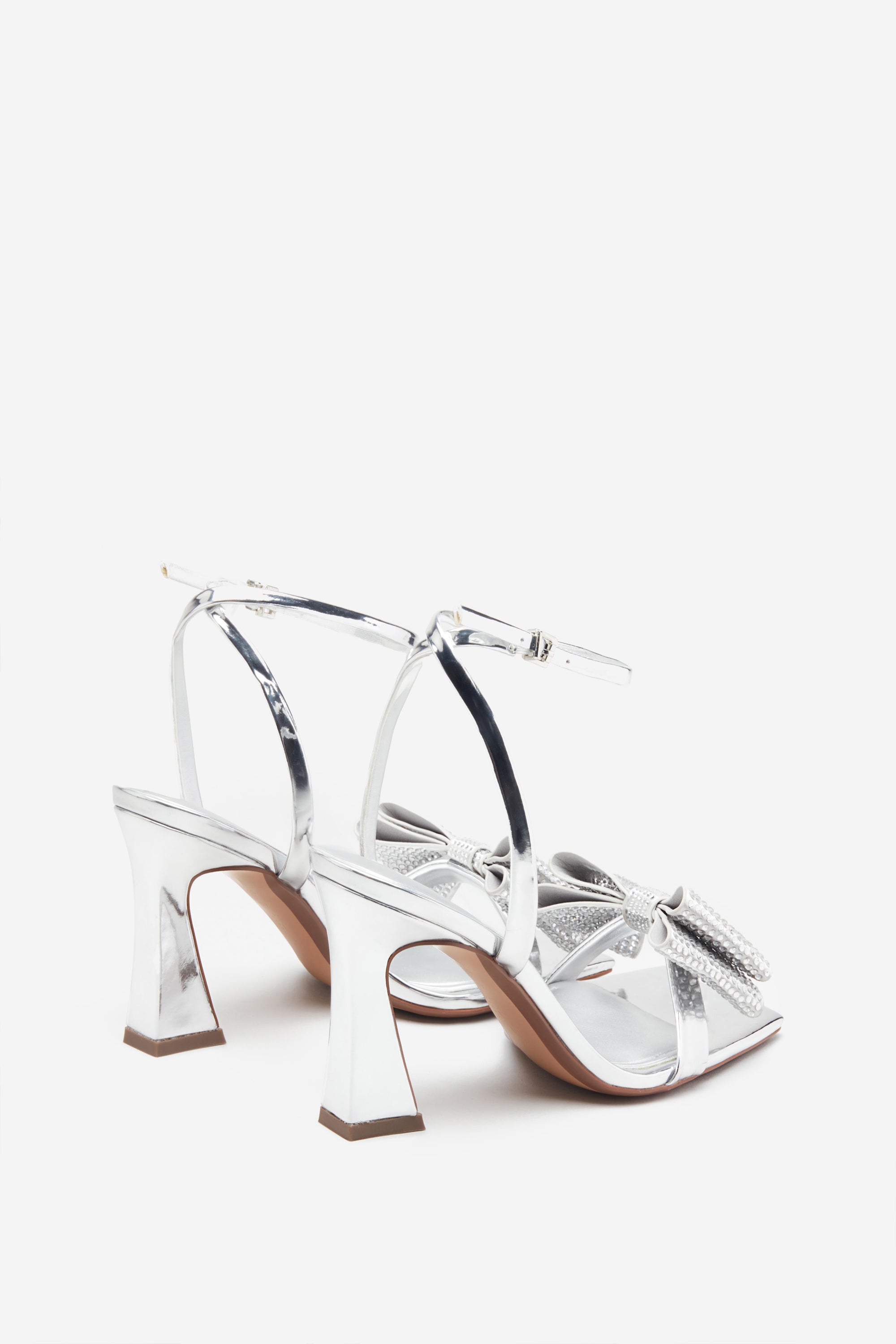 Headlines | Silver Ankle Strap Heeled Sandals With Diamante Bows - Club L 