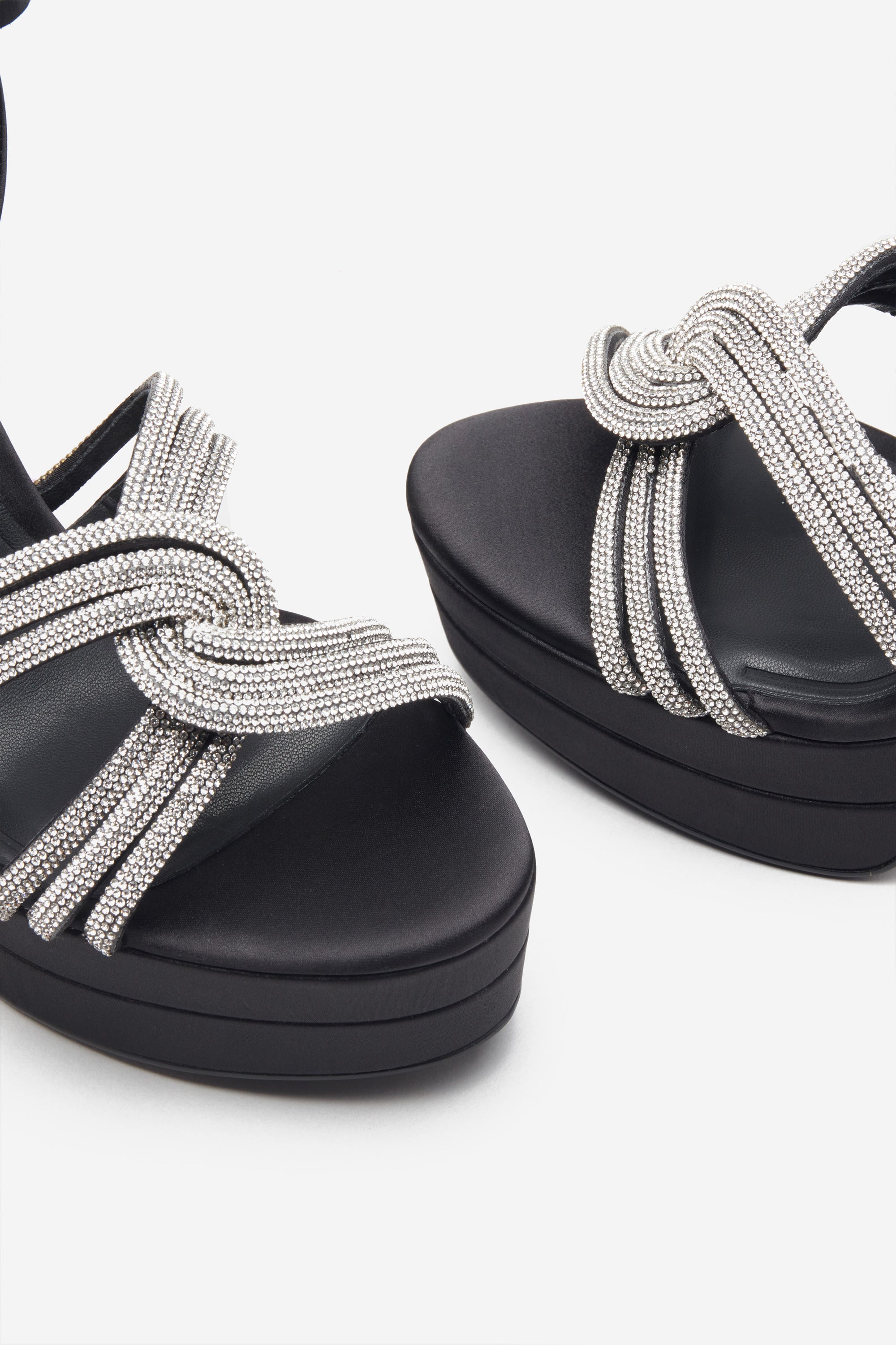 Doll Drama | Black Satin Diamante Strappy Platform Heels - Club L 