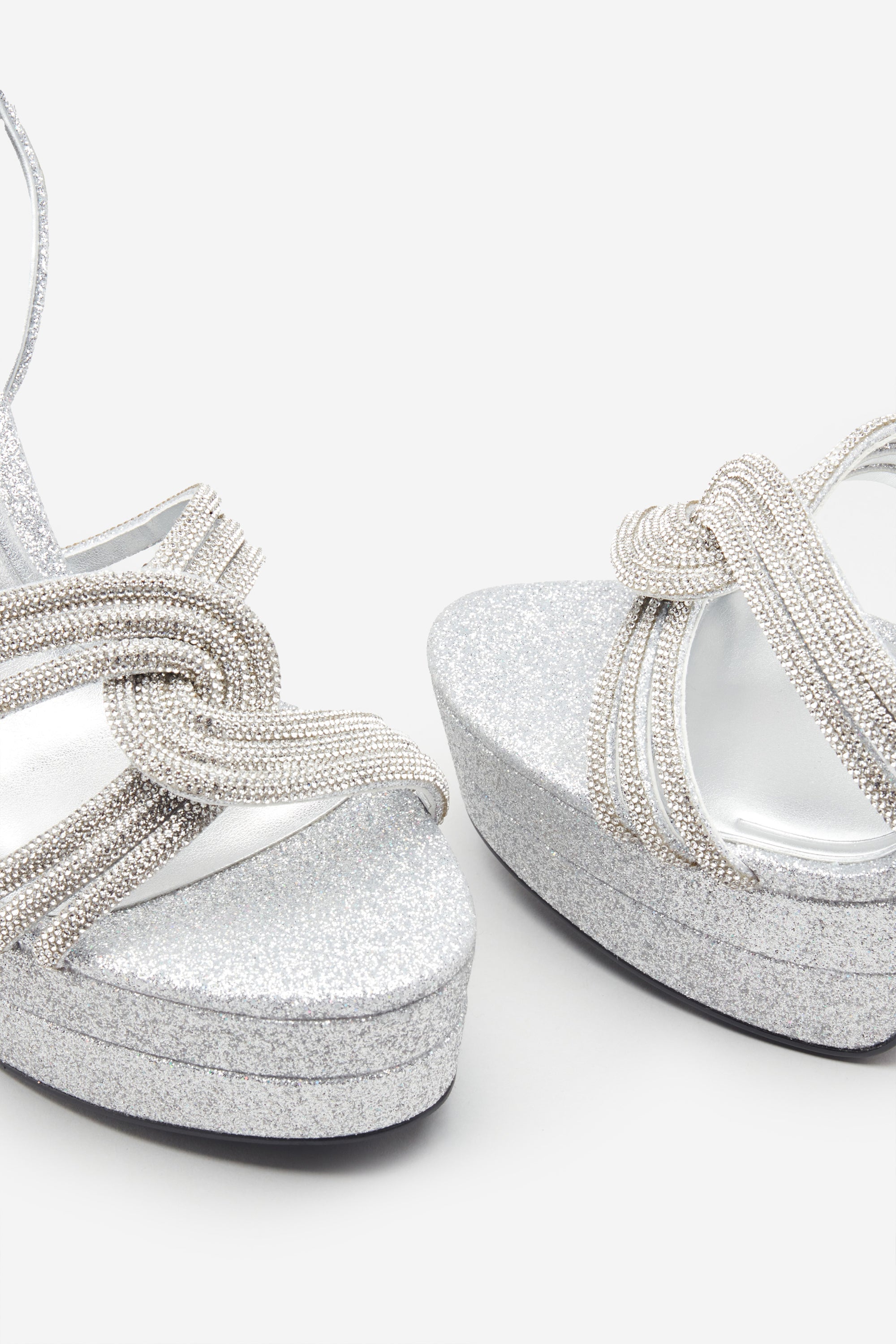 Doll Drama | Silver Glitter Diamante Strappy Platform Heels - Club L 