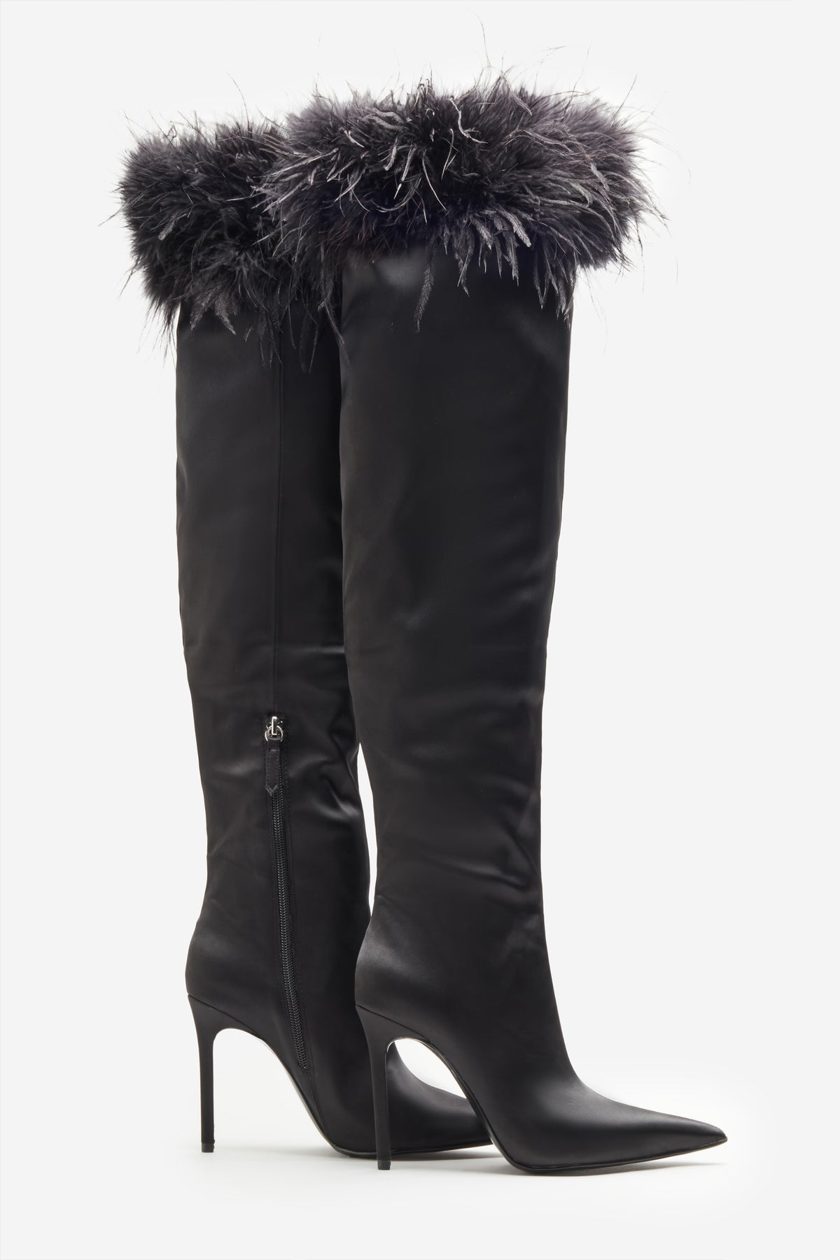 Soho | Black Satin Pointed Heeled Boots With Feather Trims - Club L 