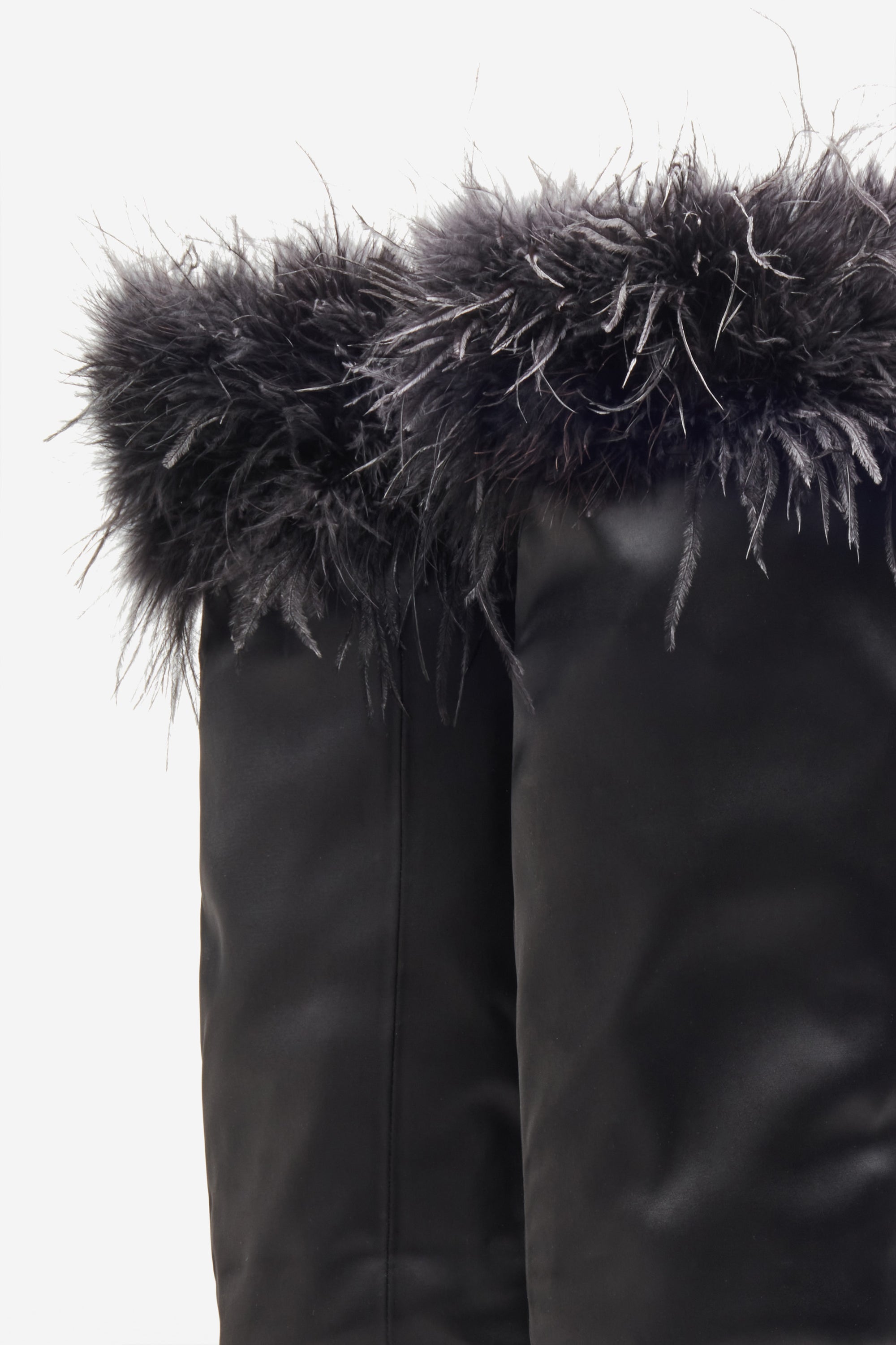 Soho | Black Satin Pointed Heeled Boots With Feather Trims - Club L 