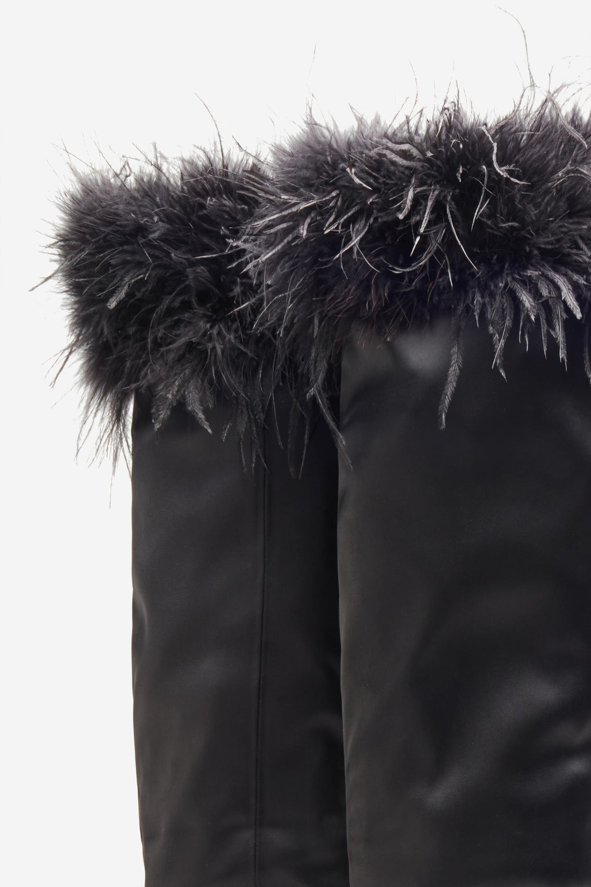 Soho | Black Satin Pointed Heeled Boots With Feather Trims - Club L 