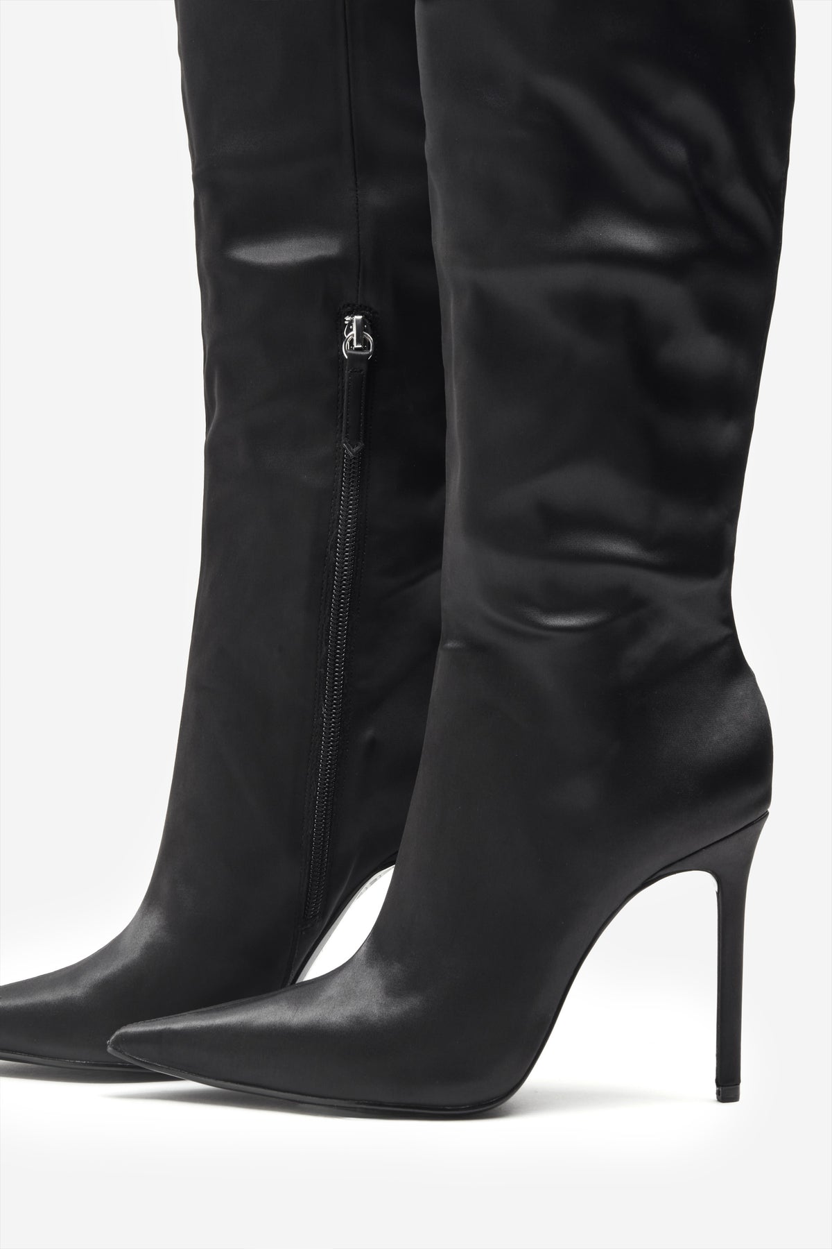 Soho | Black Satin Pointed Heeled Boots With Feather Trims - Club L 