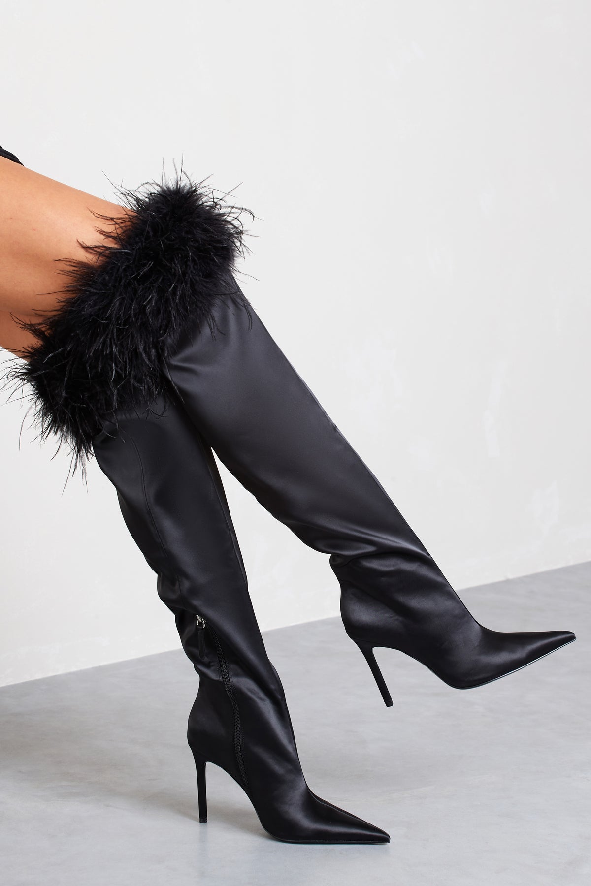 Soho | Black Satin Pointed Heeled Boots With Feather Trims - Club L 