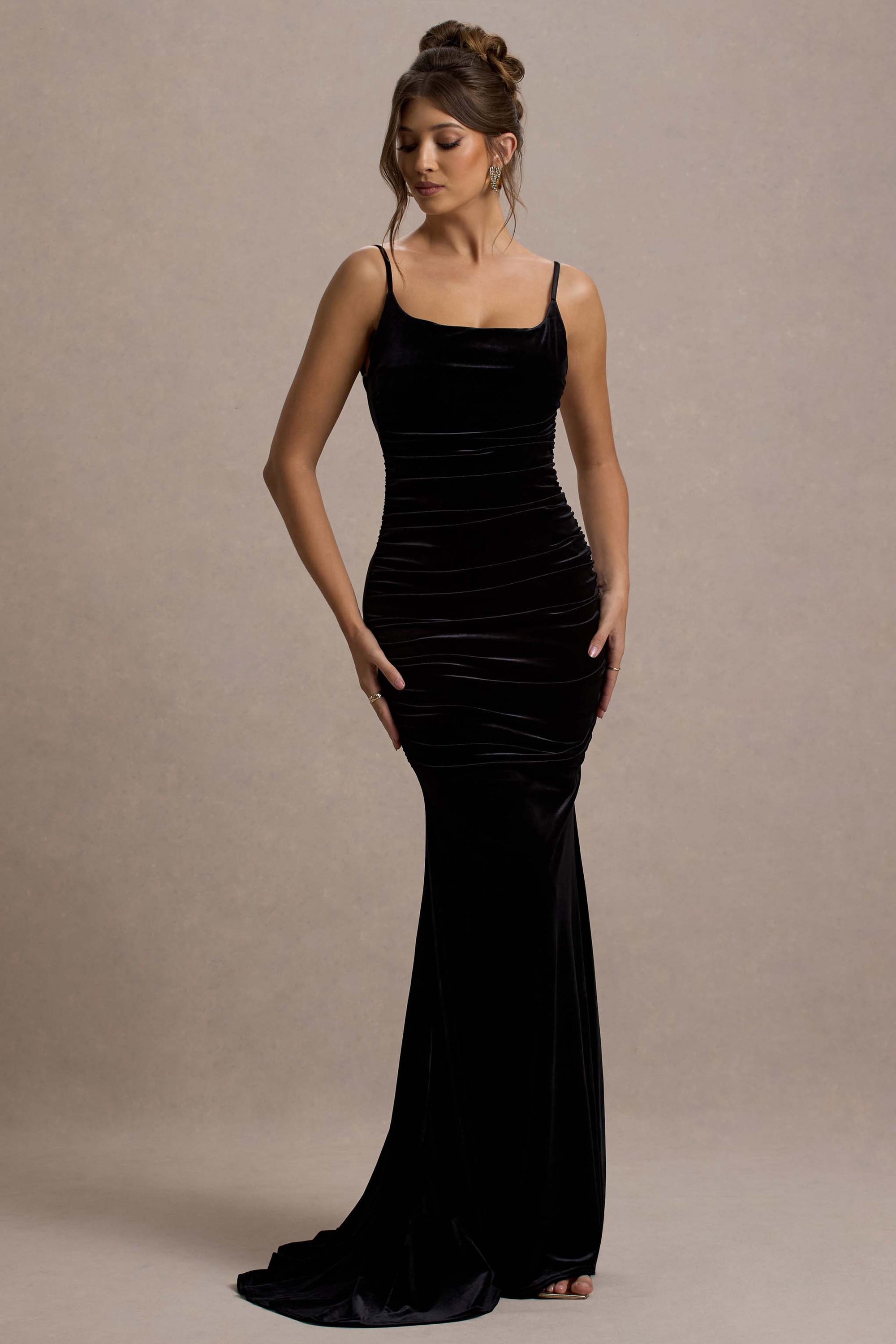 Adele | Black Velvet Ruched Strappy Fishtail Maxi Dress – Club L London