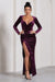 Vin Chaud | Dark Purple Velvet Long-Sleeved Split Maxi Dress - Club L 