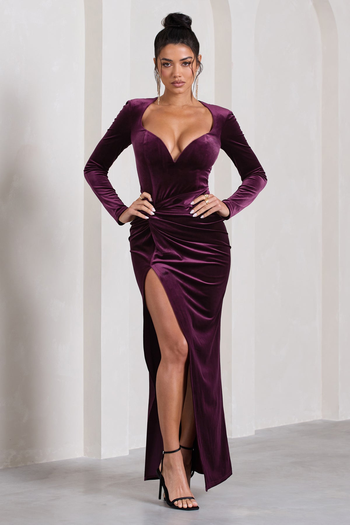 Vin Chaud Dark Purple Velvet Long-Sleeved Split Maxi Dress Club L London - UK Vin Chaud Dark Purple Velvet Long-Sleeved Split Maxi Dress Club L London - UK