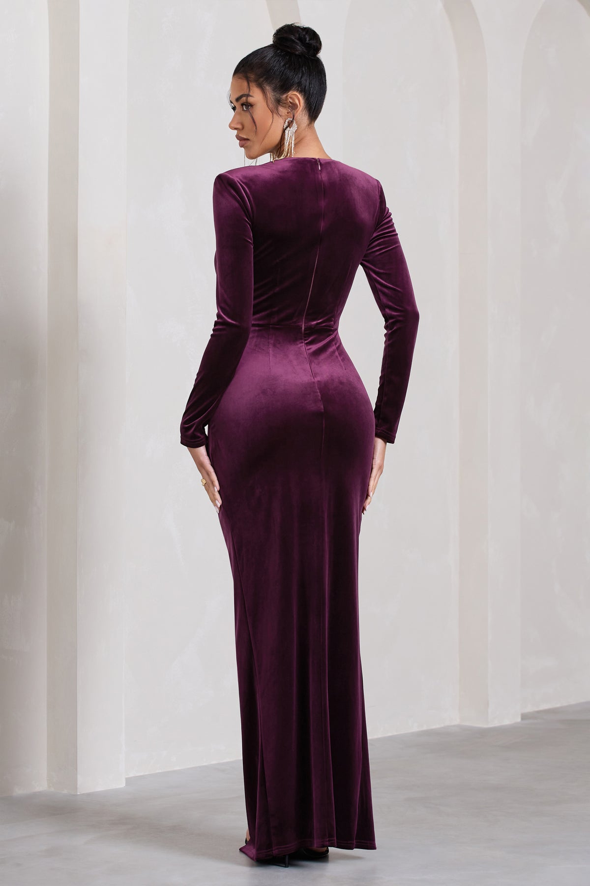 Vin Chaud Dark Purple Velvet Long-Sleeved Split Maxi Dress Club L London - UK Vin Chaud Dark Purple Velvet Long-Sleeved Split Maxi Dress Club L London - UK
