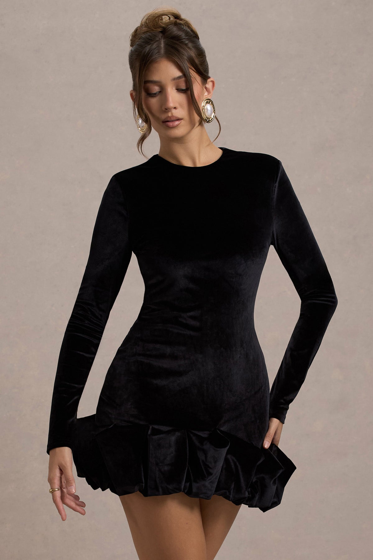 Claudine Black Velvet Long-Sleeved Ruffled Mini Dress Club L London - UK Claudine Black Velvet Long-Sleeved Ruffled Mini Dress Club L London - UK