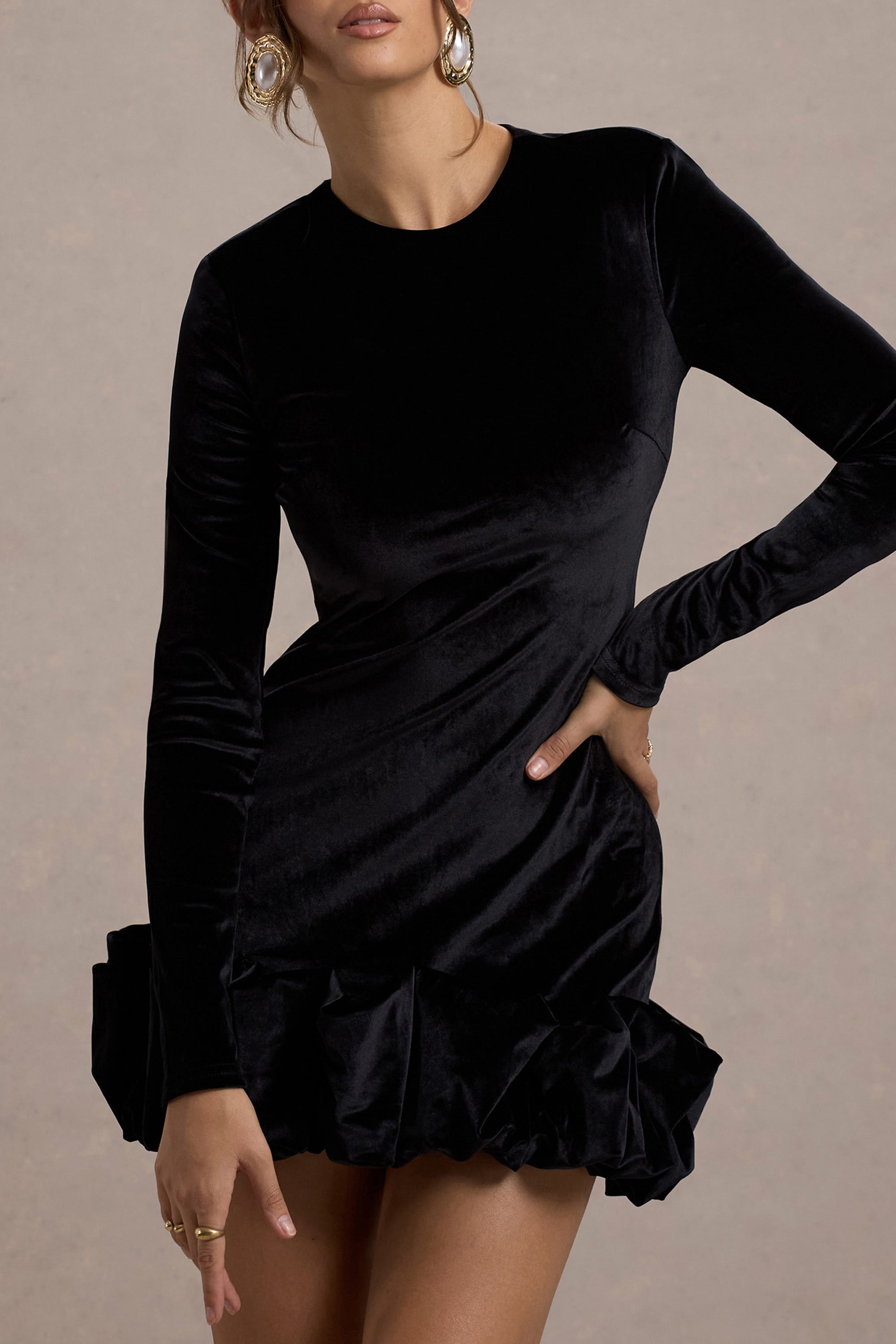 Claudine | Black Velvet Long-Sleeved Ruffled Mini Dress - Club L 